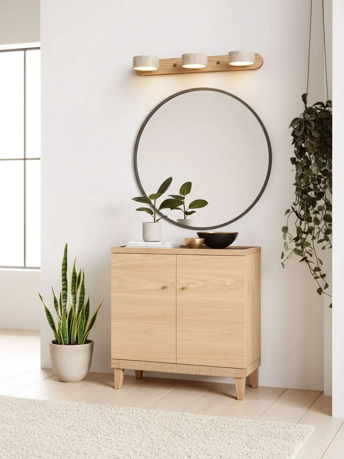 Travertine Stone Duo Wall Light — Rotatable Round LED Sconce for Bathroom Vanity, Dressing Table and Mirror Front, Sculptural Wood and Stone Wall Lamp Erbstuk