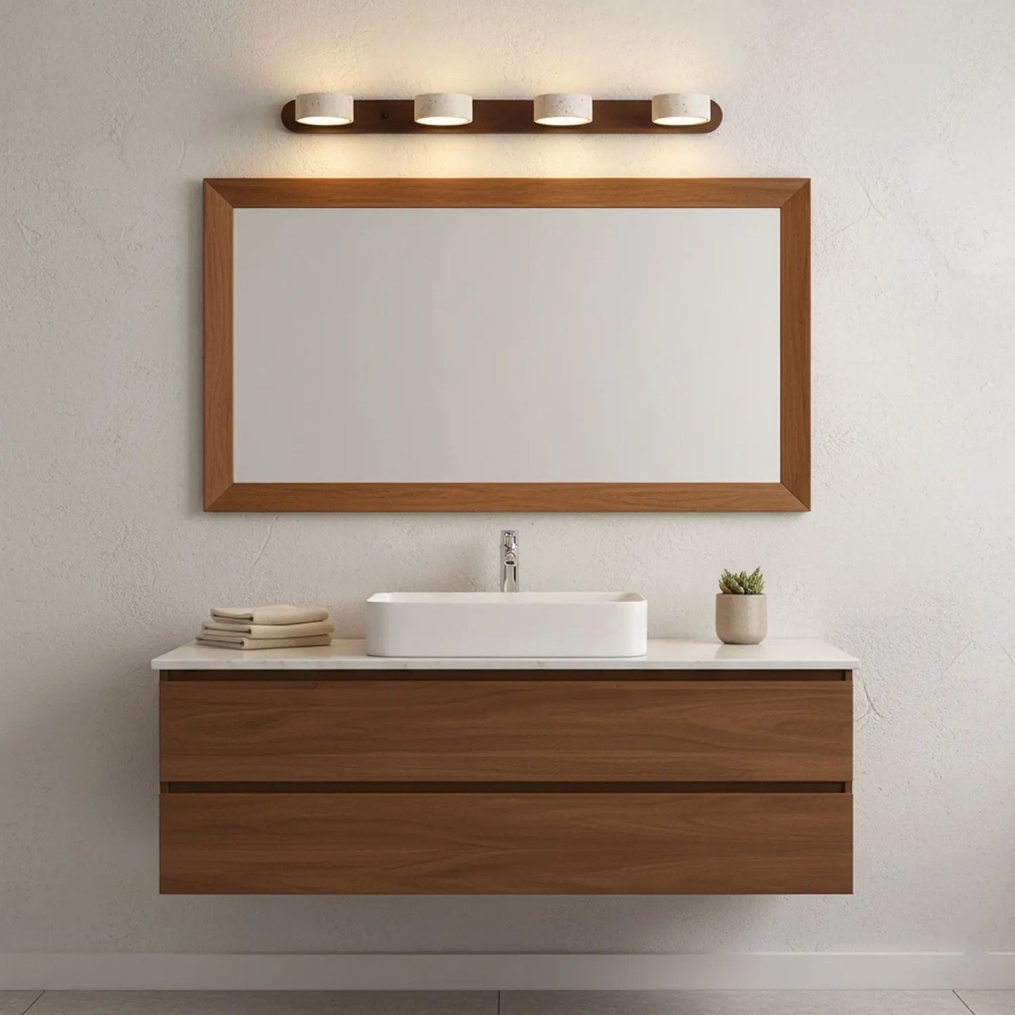 Travertine Stone Duo Wall Light — Rotatable Round LED Sconce for Bathroom Vanity, Dressing Table and Mirror Front, Sculptural Wood and Stone Wall Lamp Erbstuk