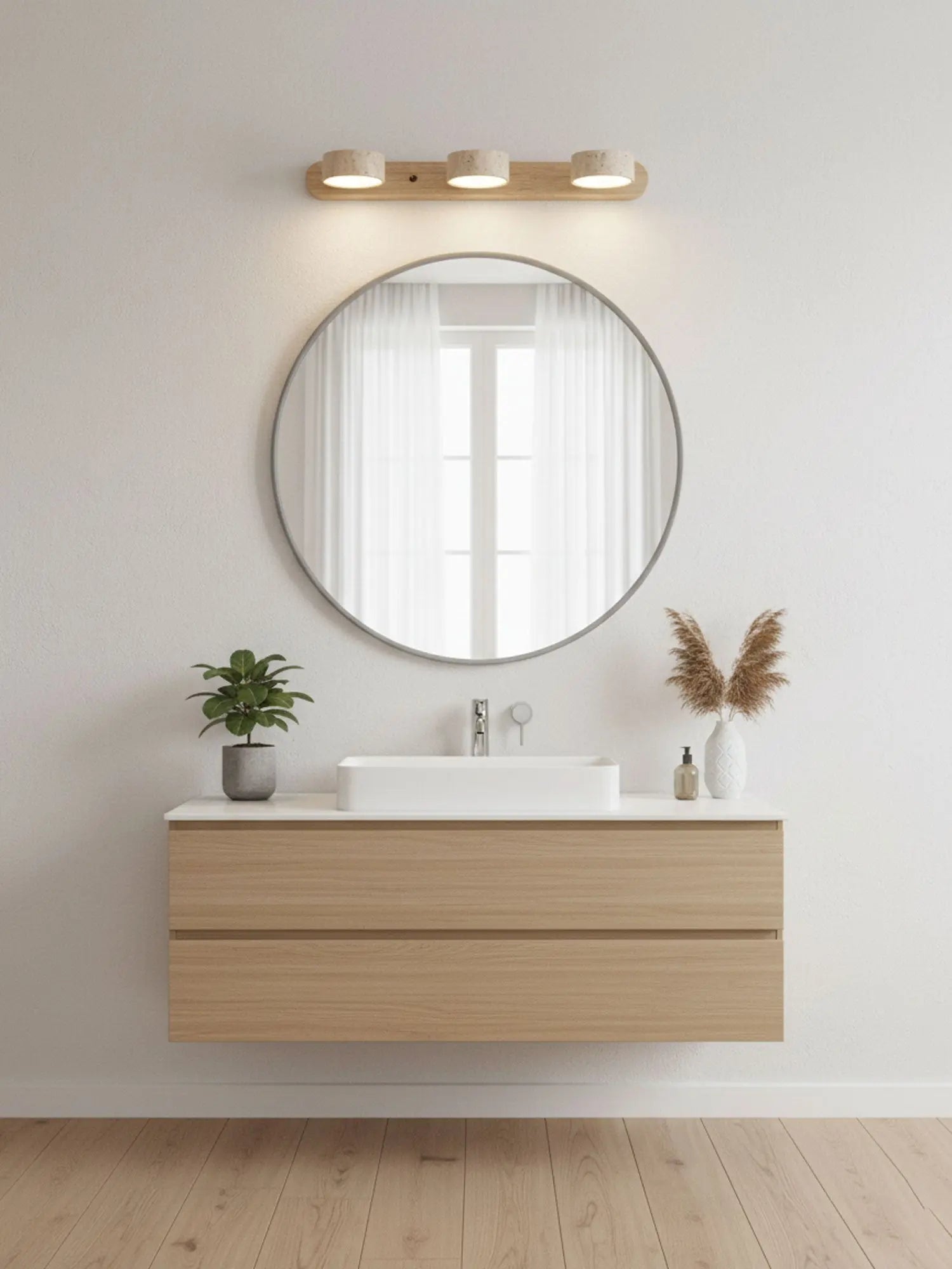 Travertine Stone Duo Wall Light — Rotatable Round LED Sconce for Bathroom Vanity, Dressing Table and Mirror Front, Sculptural Wood and Stone Wall Lamp Erbstuk