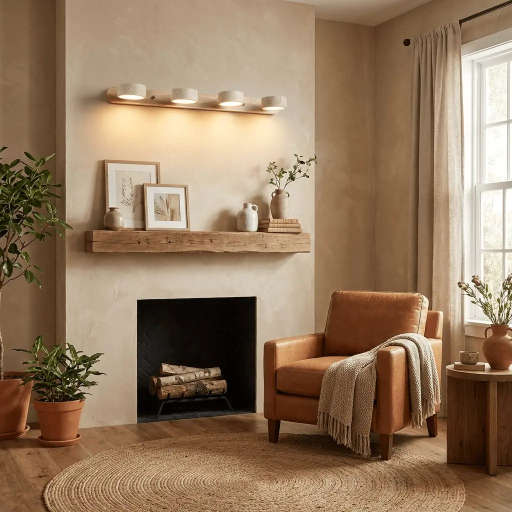 Travertine Stone Duo Wall Light — Rotatable Round LED Sconce for Bathroom Vanity, Dressing Table and Mirror Front, Sculptural Wood and Stone Wall Lamp Erbstuk