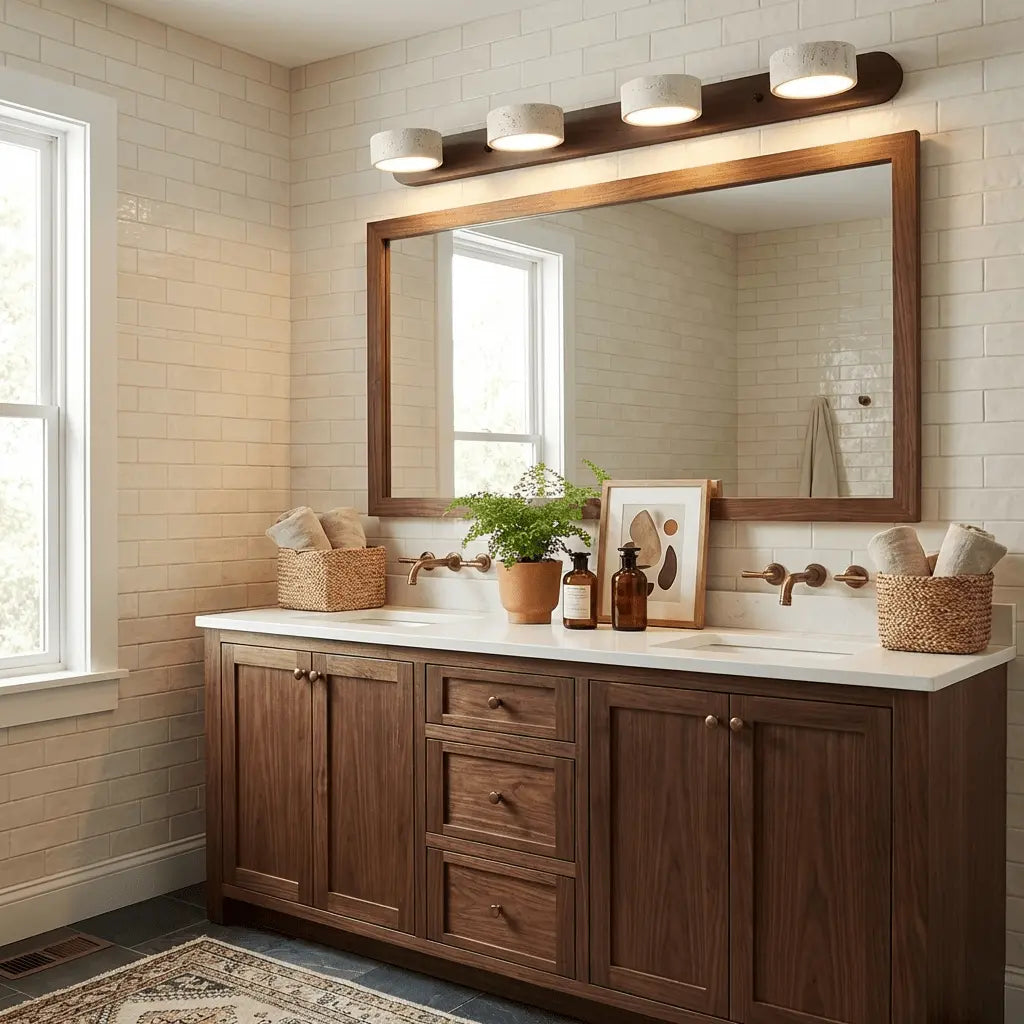 Travertine Stone Duo Wall Light — Rotatable Round LED Sconce for Bathroom Vanity, Dressing Table and Mirror Front, Sculptural Wood and Stone Wall Lamp Erbstuk