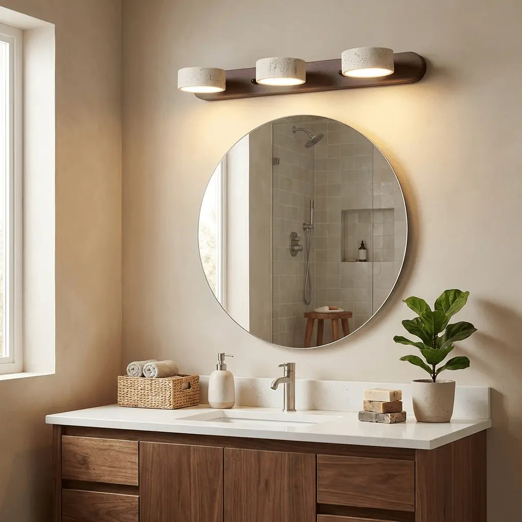 Travertine Stone Duo Wall Light — Rotatable Round LED Sconce for Bathroom Vanity, Dressing Table and Mirror Front, Sculptural Wood and Stone Wall Lamp Erbstuk