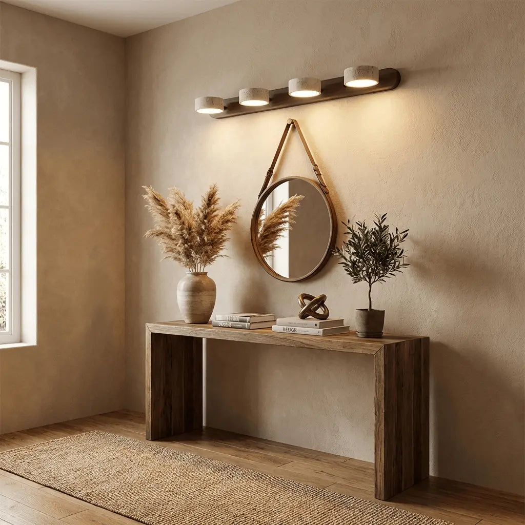 Travertine Stone Duo Wall Light — Rotatable Round LED Sconce for Bathroom Vanity, Dressing Table and Mirror Front, Sculptural Wood and Stone Wall Lamp Erbstuk