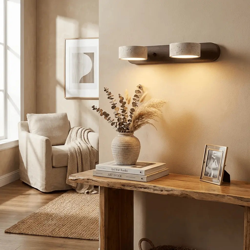 Travertine Stone Duo Wall Light — Rotatable Round LED Sconce for Bathroom Vanity, Dressing Table and Mirror Front, Sculptural Wood and Stone Wall Lamp Erbstuk
