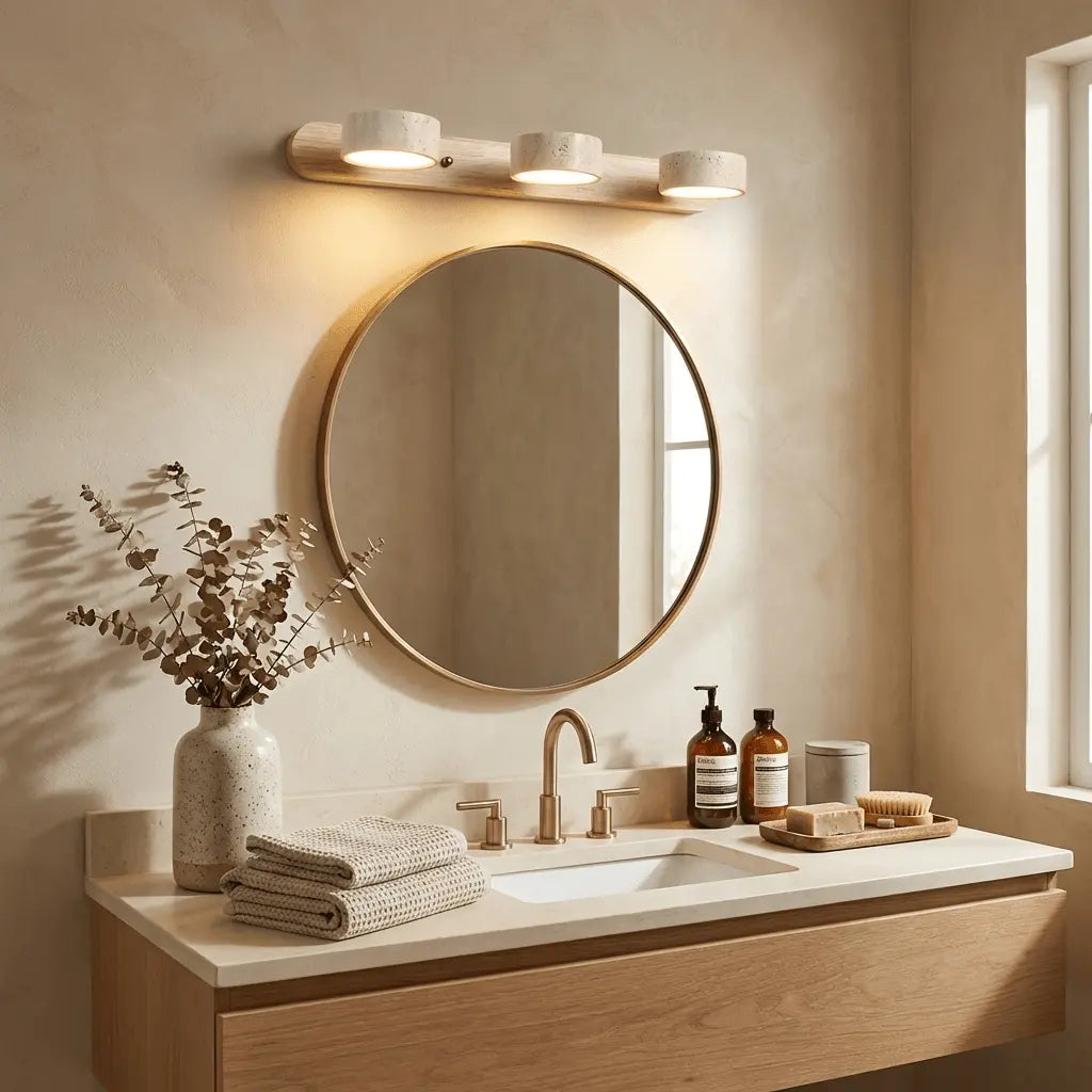 Travertine Stone Duo Wall Light — Rotatable Round LED Sconce for Bathroom Vanity, Dressing Table and Mirror Front, Sculptural Wood and Stone Wall Lamp Erbstuk