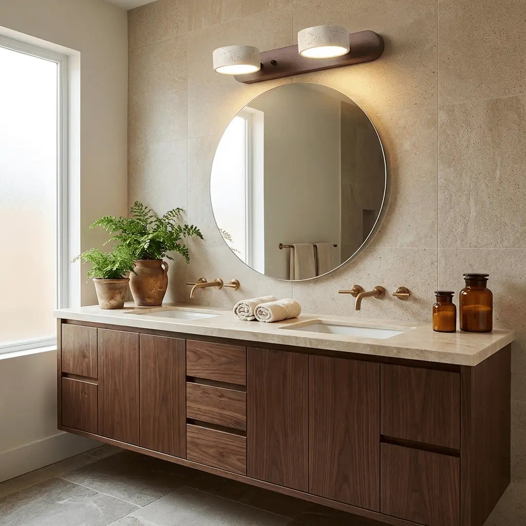 Travertine Stone Duo Wall Light — Rotatable Round LED Sconce for Bathroom Vanity, Dressing Table and Mirror Front, Sculptural Wood and Stone Wall Lamp Erbstuk