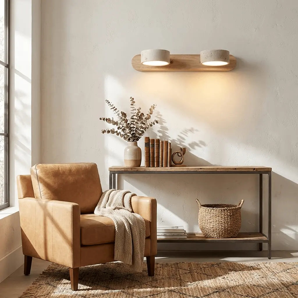 Travertine Stone Duo Wall Light — Rotatable Round LED Sconce for Bathroom Vanity, Dressing Table and Mirror Front, Sculptural Wood and Stone Wall Lamp Erbstuk