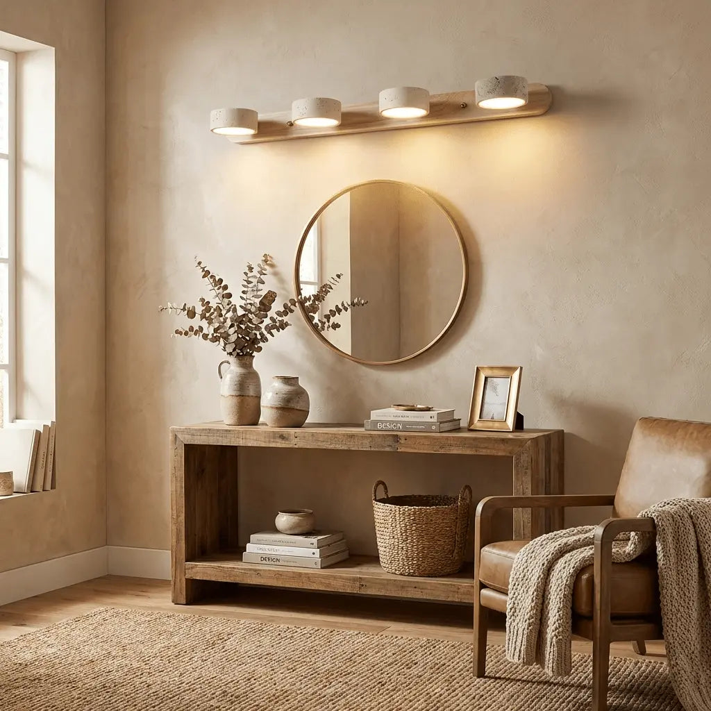 Travertine Stone Duo Wall Light — Rotatable Round LED Sconce for Bathroom Vanity, Dressing Table and Mirror Front, Sculptural Wood and Stone Wall Lamp Erbstuk