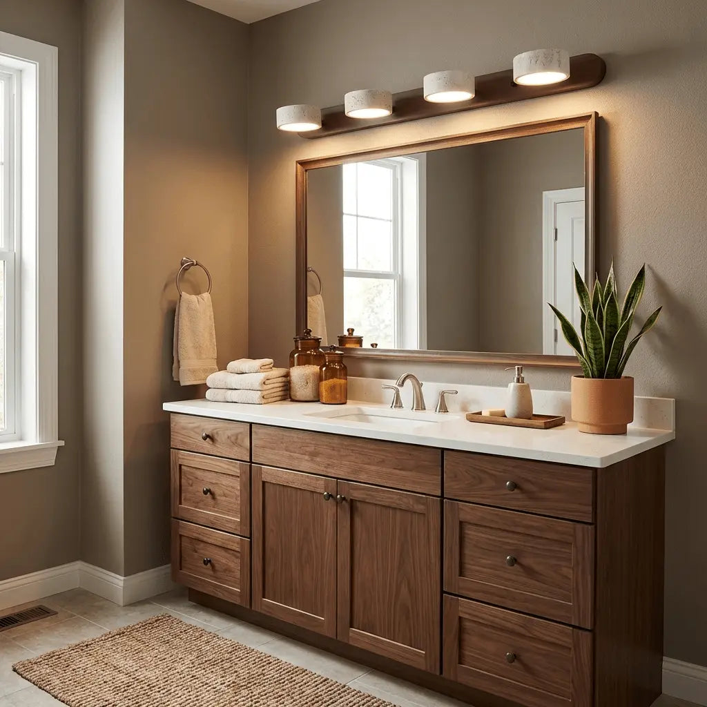 Travertine Stone Duo Wall Light — Rotatable Round LED Sconce for Bathroom Vanity, Dressing Table and Mirror Front, Sculptural Wood and Stone Wall Lamp Erbstuk