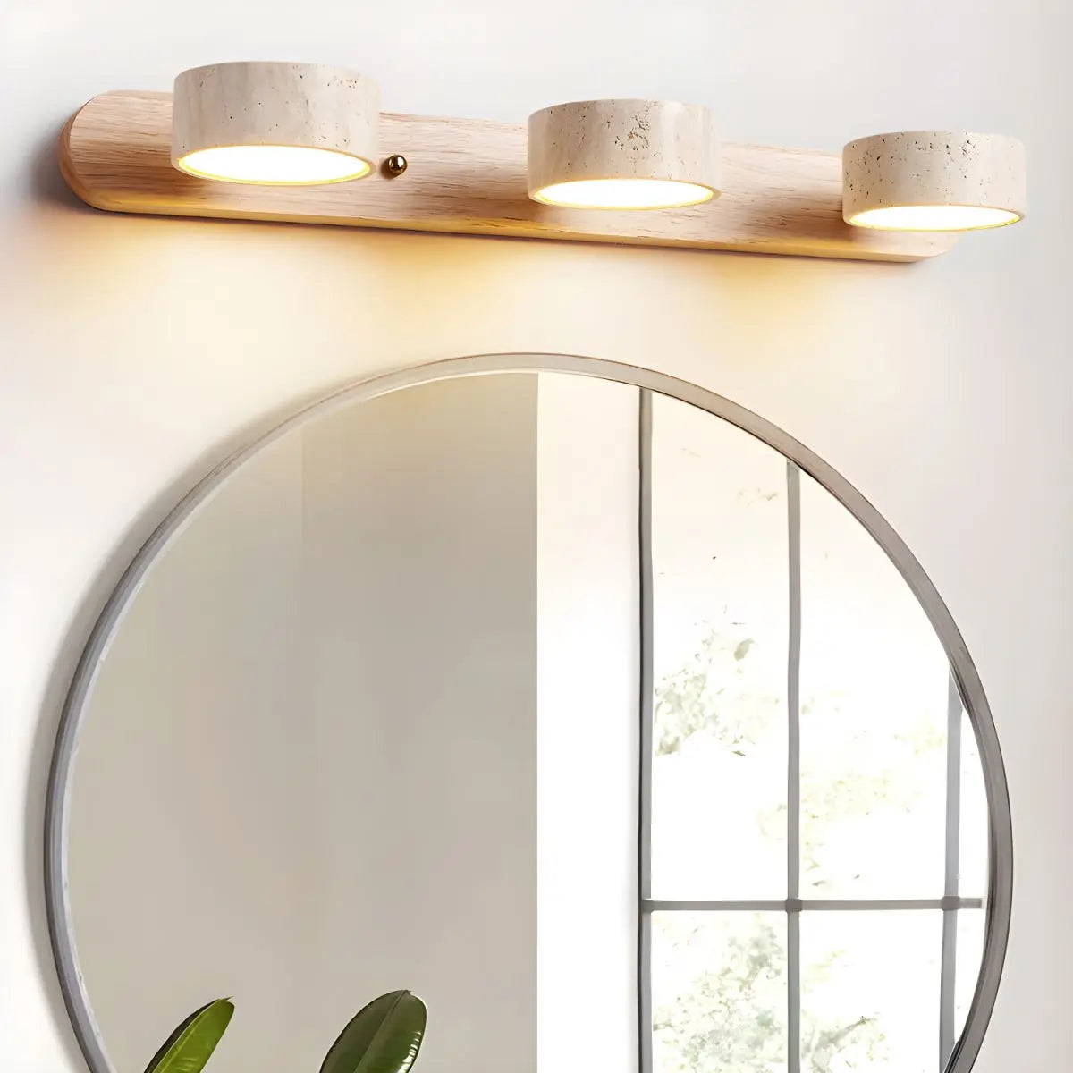Travertine Stone Duo Wall Light — Rotatable Round LED Sconce for Bathroom Vanity, Dressing Table and Mirror Front, Sculptural Wood and Stone Wall Lamp Erbstuk