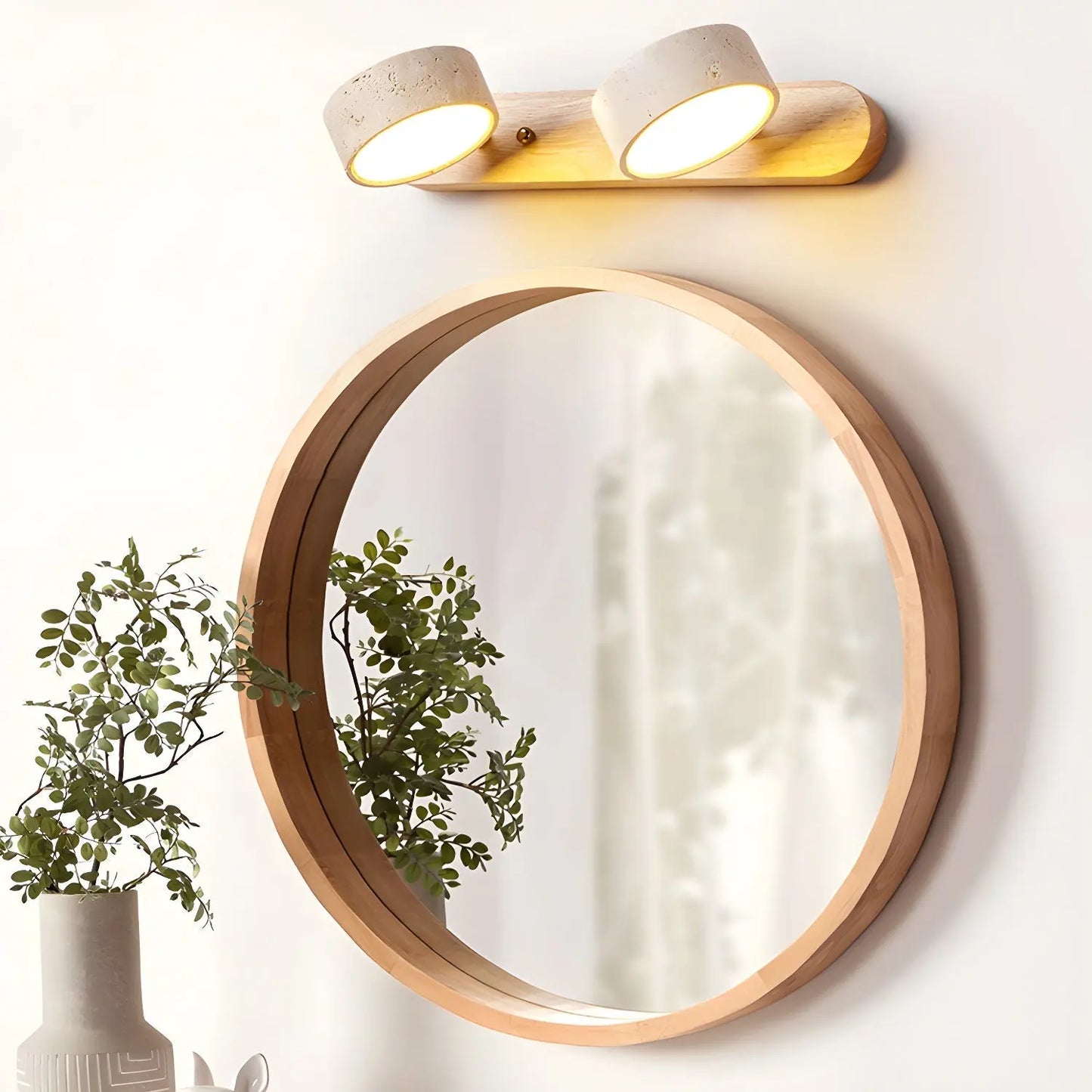 Travertine Stone Duo Wall Light — Rotatable Round LED Sconce for Bathroom Vanity, Dressing Table and Mirror Front, Sculptural Wood and Stone Wall Lamp Erbstuk
