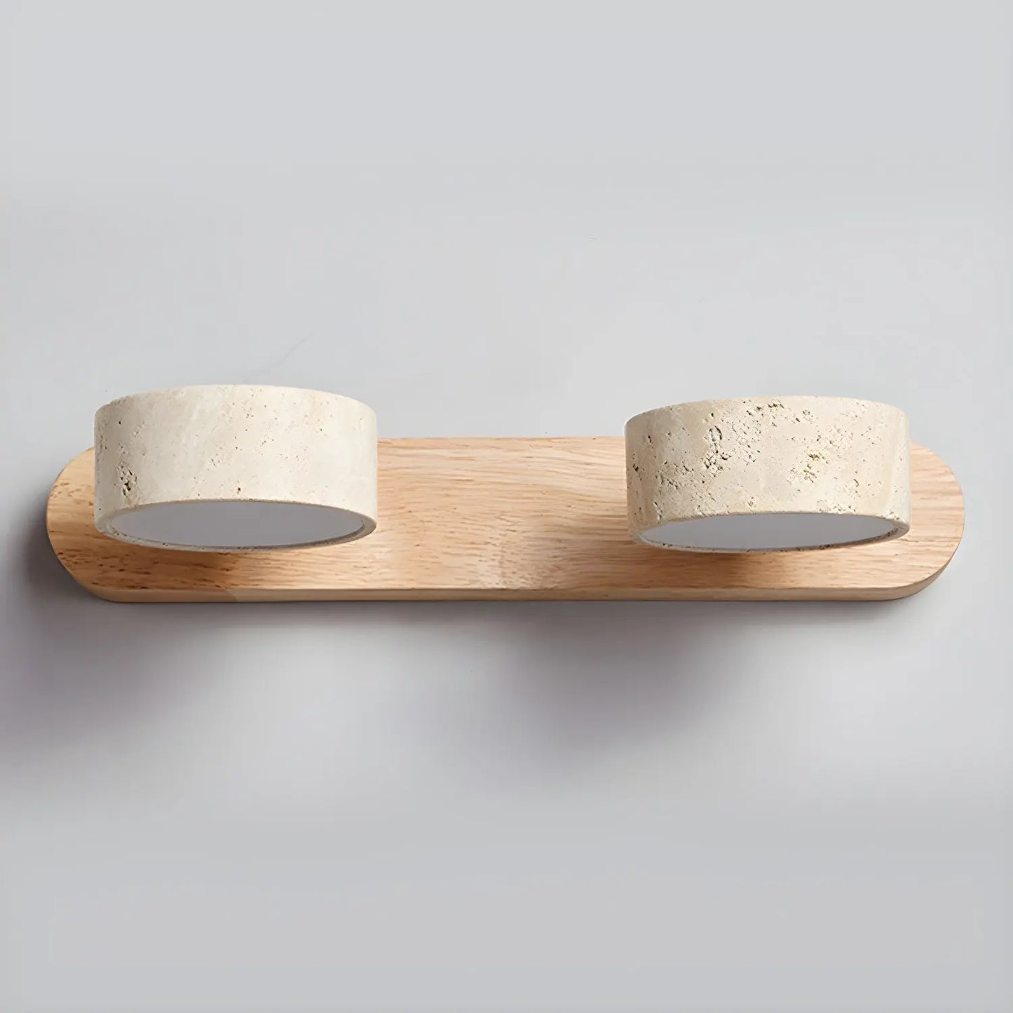 Travertine Stone Duo Wall Light — Rotatable Round LED Sconce for Bathroom Vanity, Dressing Table and Mirror Front, Sculptural Wood and Stone Wall Lamp Erbstuk