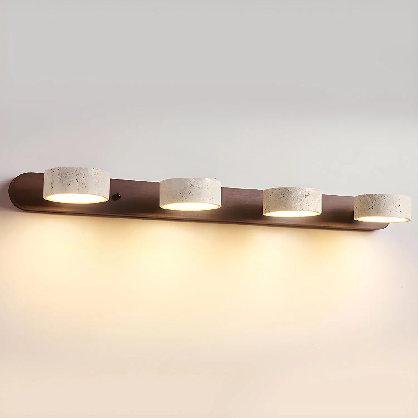 Travertine Stone Duo Wall Light — Rotatable Round LED Sconce for Bathroom Vanity, Dressing Table and Mirror Front, Sculptural Wood and Stone Wall Lamp Erbstuk