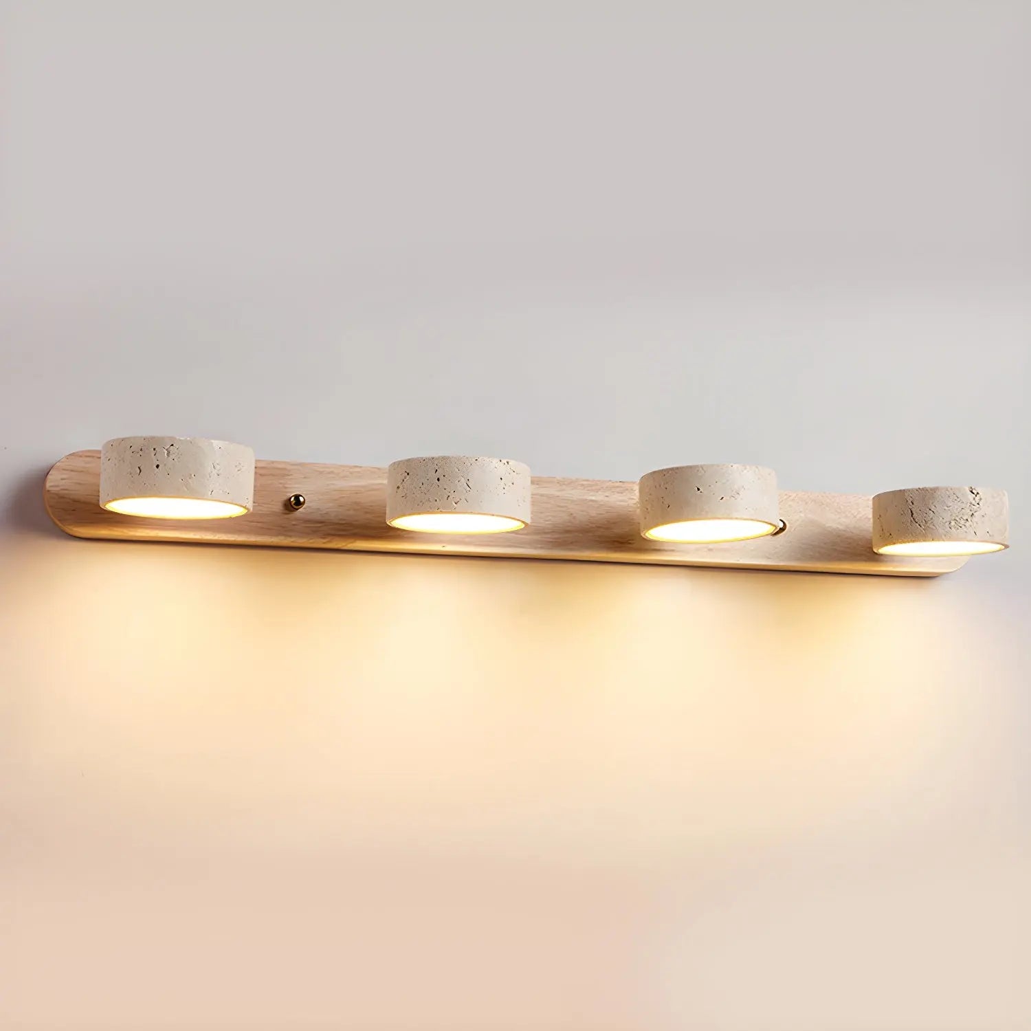 Travertine Stone Duo Wall Light — Rotatable Round LED Sconce for Bathroom Vanity, Dressing Table and Mirror Front, Sculptural Wood and Stone Wall Lamp Erbstuk