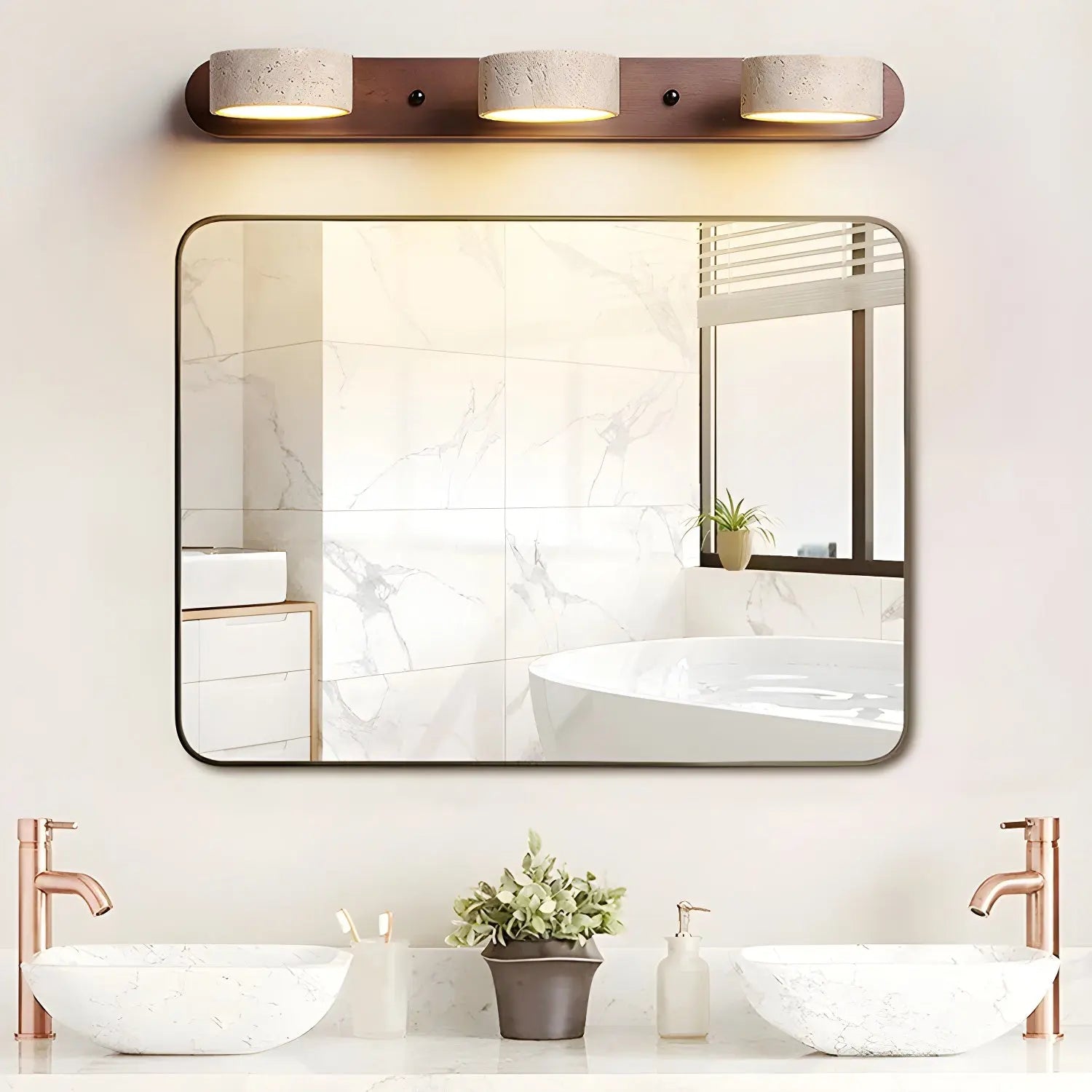 Travertine Stone Duo Wall Light — Rotatable Round LED Sconce for Bathroom Vanity, Dressing Table and Mirror Front, Sculptural Wood and Stone Wall Lamp Erbstuk