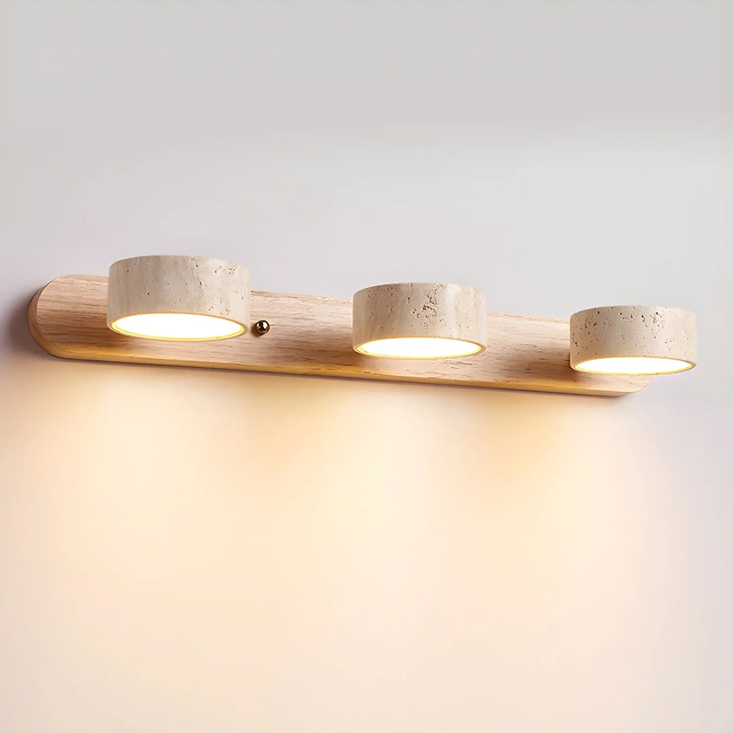Travertine Stone Duo Wall Light — Rotatable Round LED Sconce for Bathroom Vanity, Dressing Table and Mirror Front, Sculptural Wood and Stone Wall Lamp Erbstuk