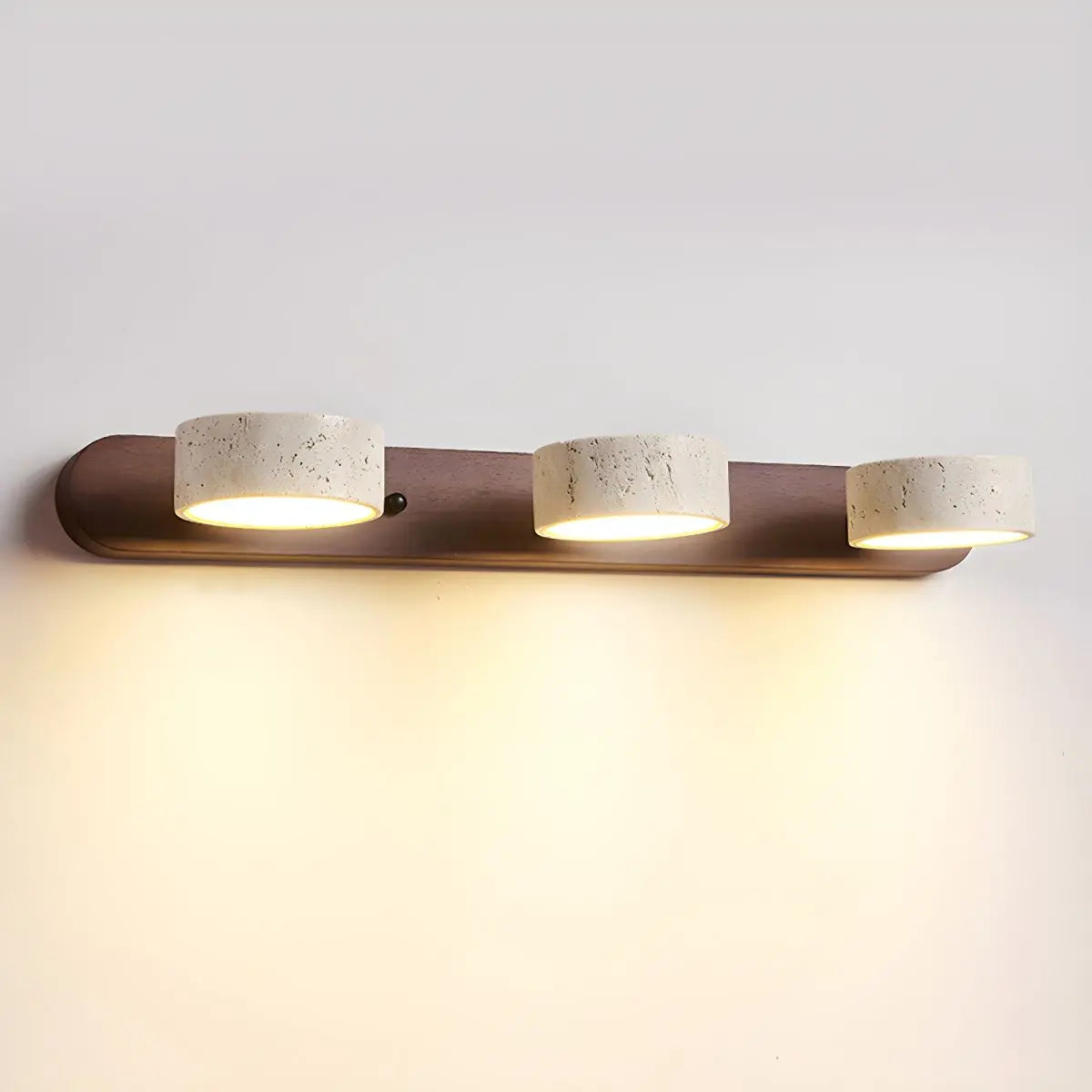 Travertine Stone Duo Wall Light — Rotatable Round LED Sconce for Bathroom Vanity, Dressing Table and Mirror Front, Sculptural Wood and Stone Wall Lamp Erbstuk