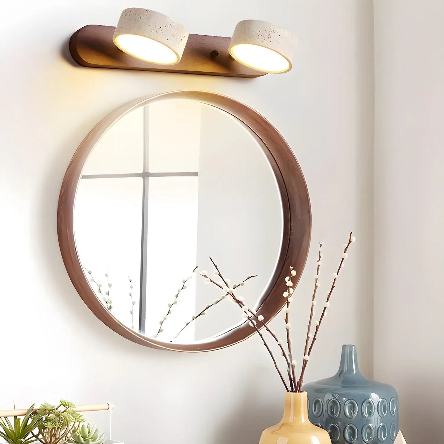 Travertine Stone Duo Wall Light — Rotatable Round LED Sconce for Bathroom Vanity, Dressing Table and Mirror Front, Sculptural Wood and Stone Wall Lamp Erbstuk