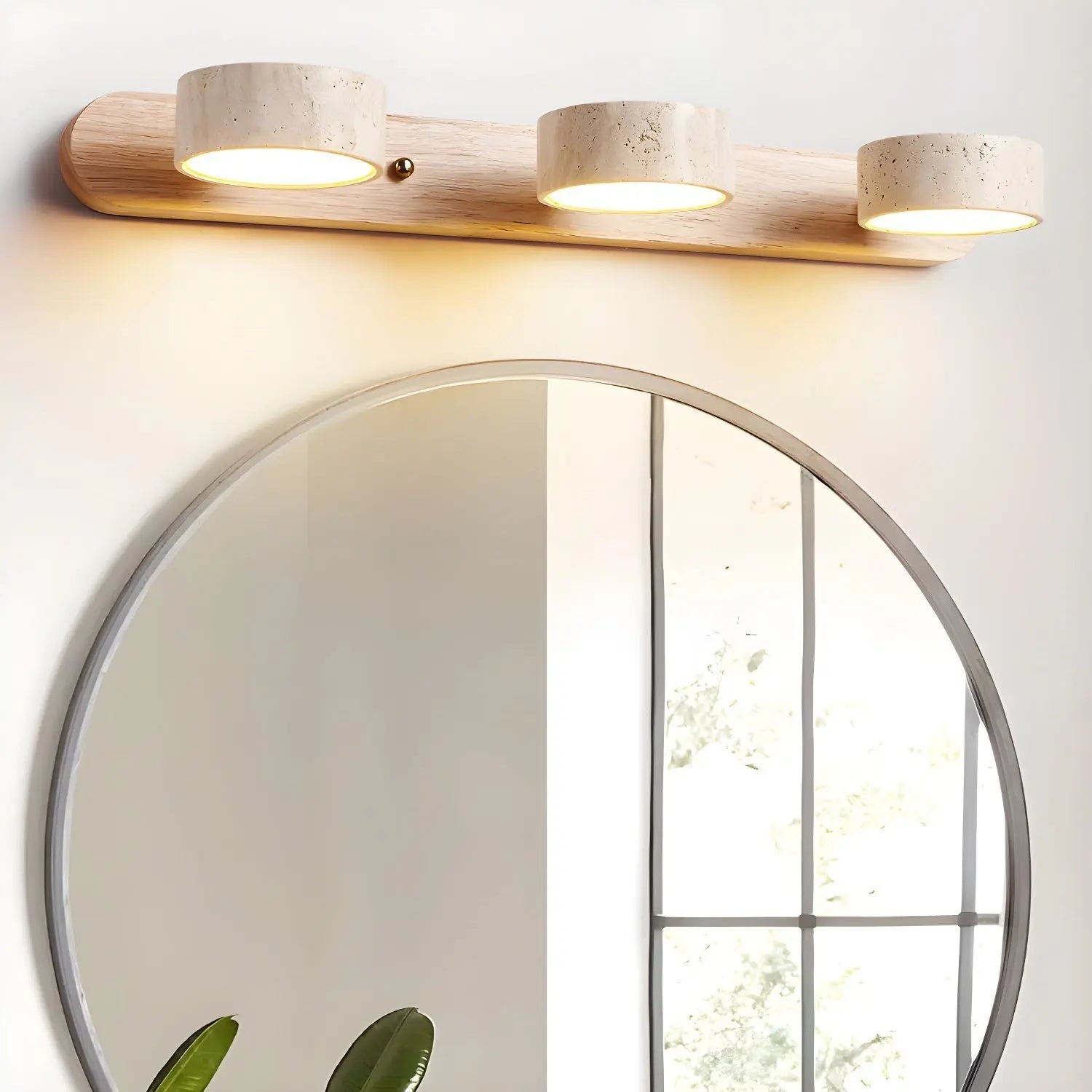 Travertine Stone Duo Wall Light — Rotatable Round LED Sconce for Bathroom Vanity, Dressing Table and Mirror Front, Sculptural Wood and Stone Wall Lamp Erbstuk