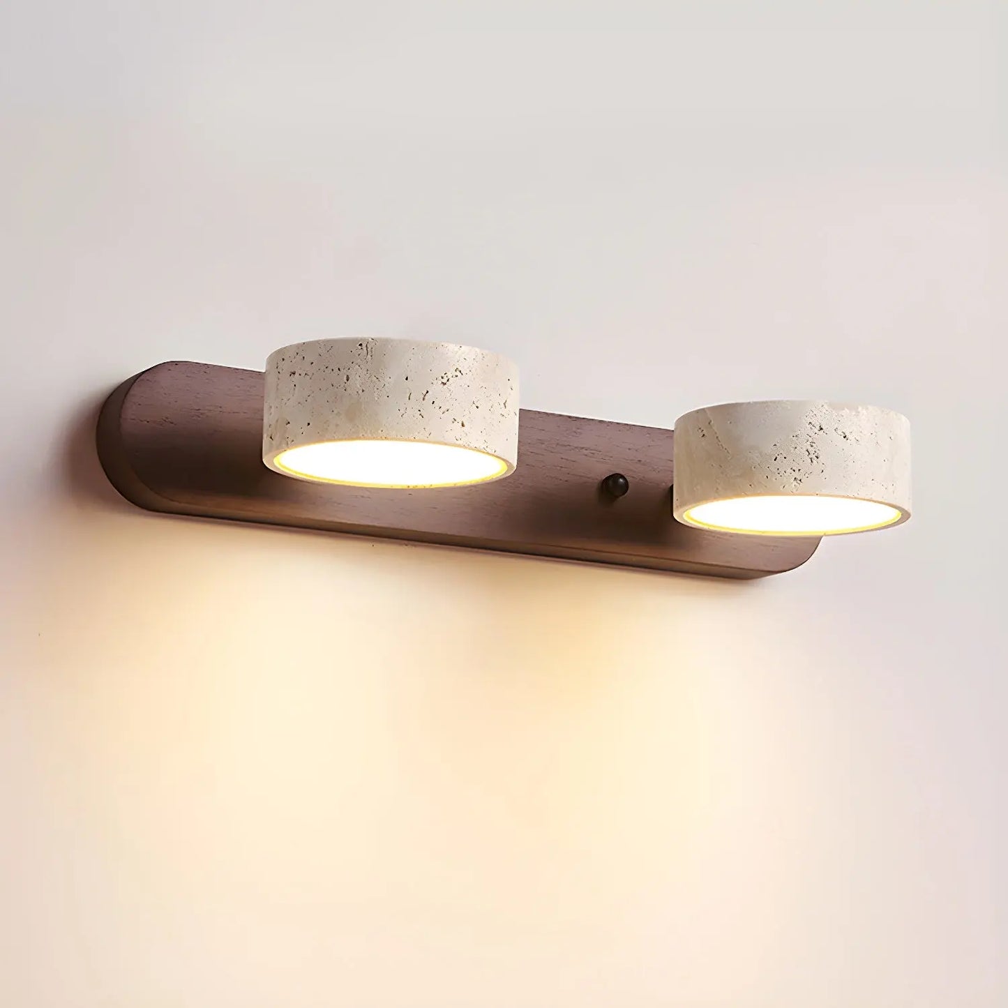 Travertine Stone Duo Wall Light — Rotatable Round LED Sconce for Bathroom Vanity, Dressing Table and Mirror Front, Sculptural Wood and Stone Wall Lamp Erbstuk