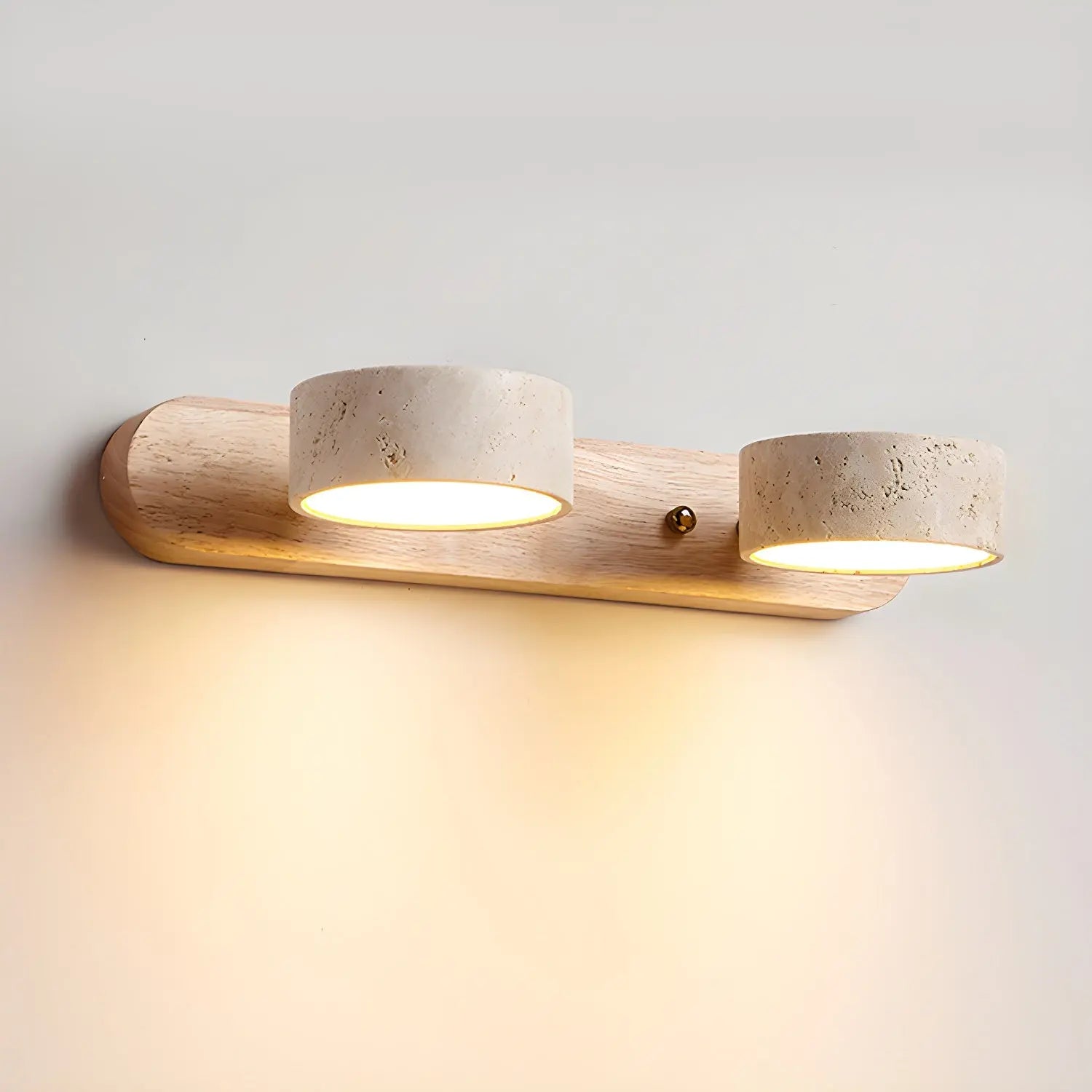 Travertine Stone Duo Wall Light — Rotatable Round LED Sconce for Bathroom Vanity, Dressing Table and Mirror Front, Sculptural Wood and Stone Wall Lamp Erbstuk