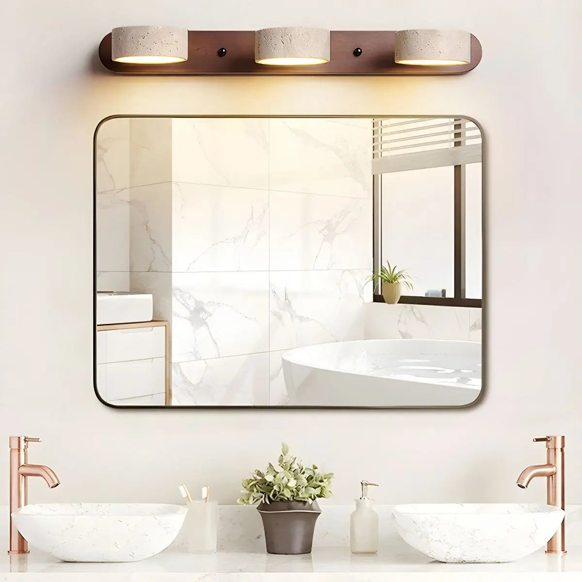 Travertine Stone Duo Wall Light — Rotatable Round LED Sconce for Bathroom Vanity, Dressing Table and Mirror Front, Sculptural Wood and Stone Wall Lamp Erbstuk
