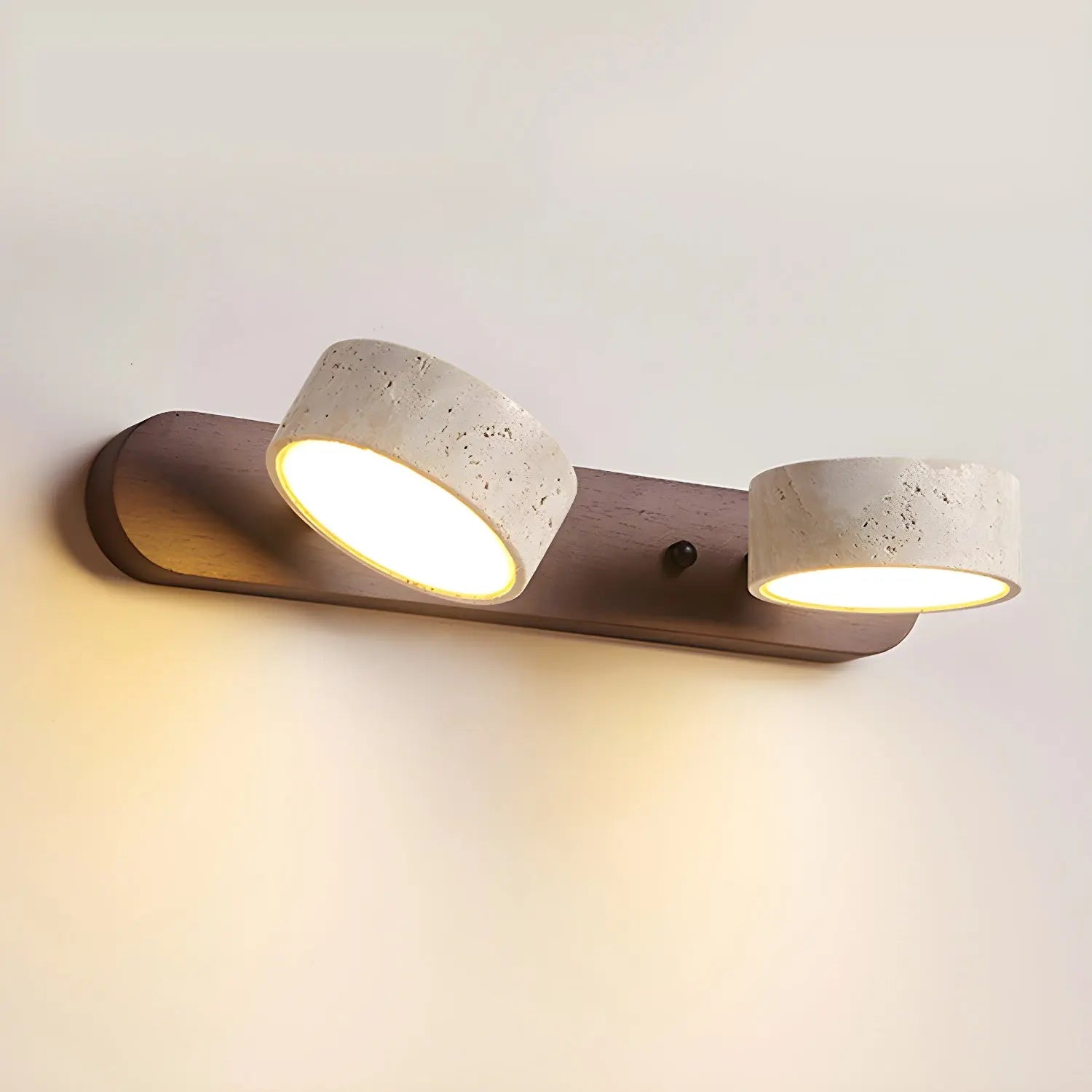 Travertine Stone Duo Wall Light — Rotatable Round LED Sconce for Bathroom Vanity, Dressing Table and Mirror Front, Sculptural Wood and Stone Wall Lamp Erbstuk