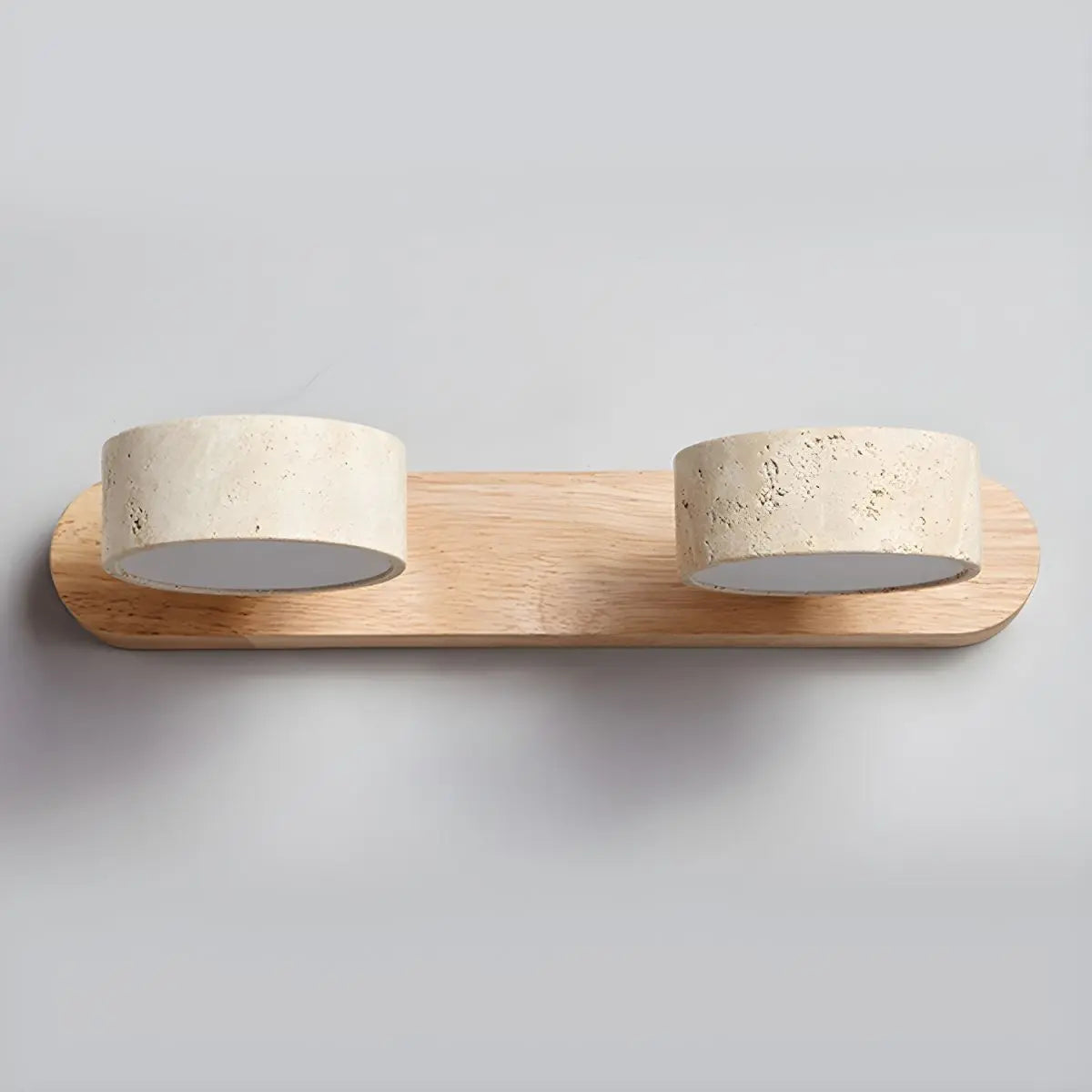 Travertine Stone Duo Wall Light — Rotatable Round LED Sconce for Bathroom Vanity, Dressing Table and Mirror Front, Sculptural Wood and Stone Wall Lamp Erbstuk