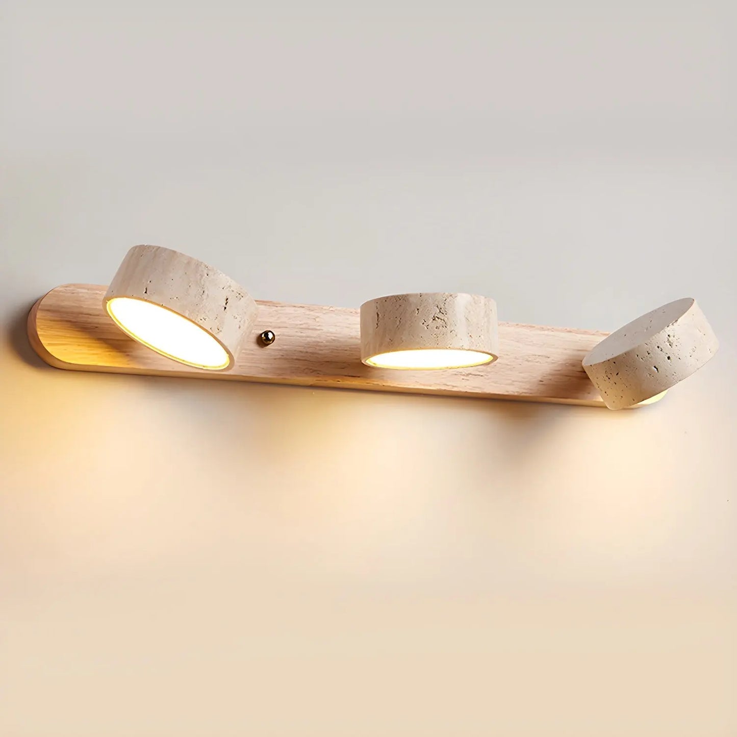 Travertine Stone Duo Wall Light — Rotatable Round LED Sconce for Bathroom Vanity, Dressing Table and Mirror Front, Sculptural Wood and Stone Wall Lamp Erbstuk