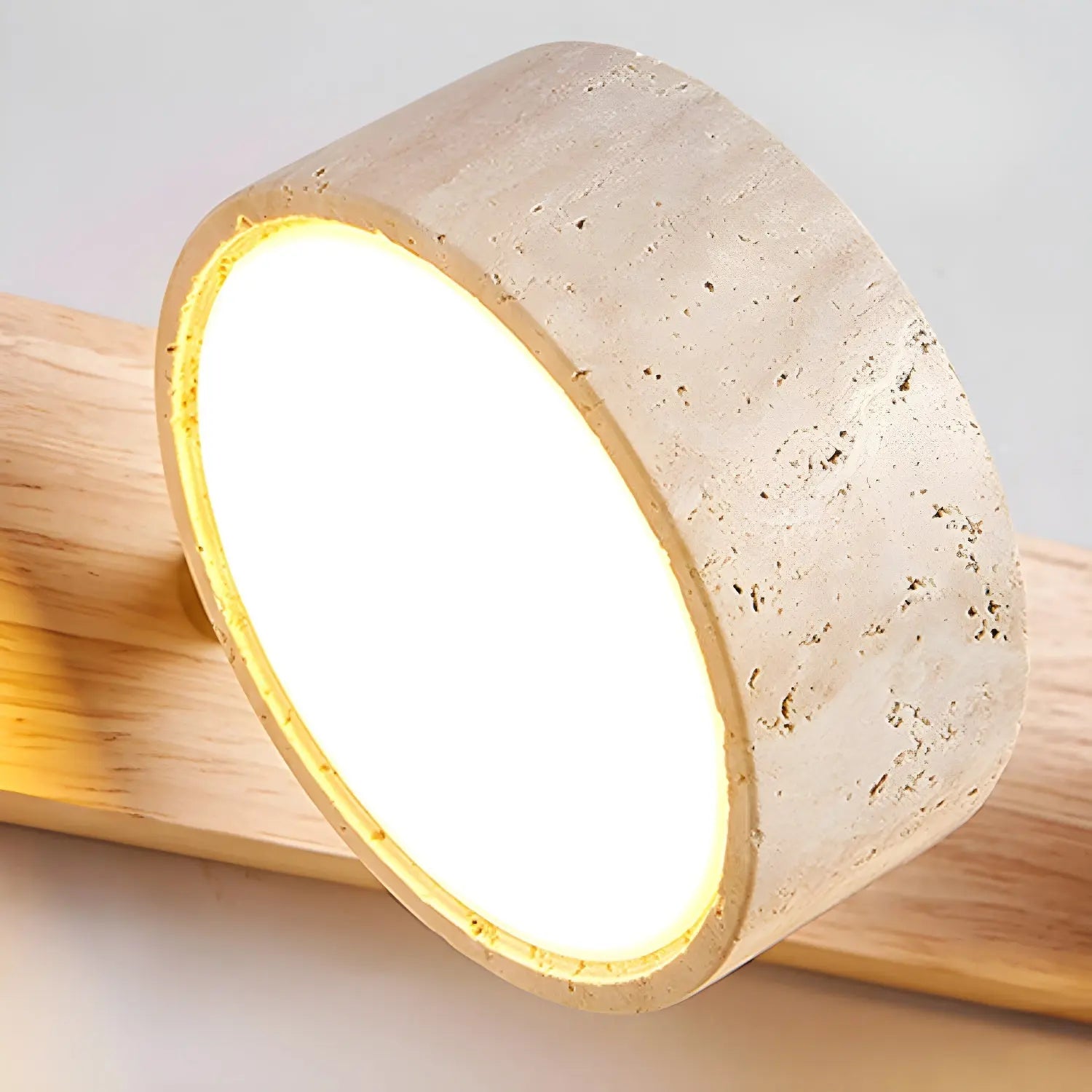 Travertine Stone Duo Wall Light — Rotatable Round LED Sconce for Bathroom Vanity, Dressing Table and Mirror Front, Sculptural Wood and Stone Wall Lamp Erbstuk