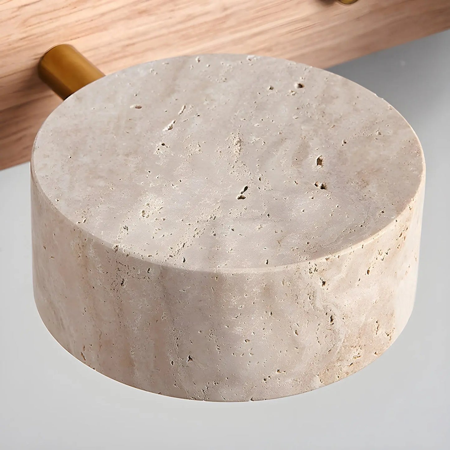 Travertine Stone Duo Wall Light — Rotatable Round LED Sconce for Bathroom Vanity, Dressing Table and Mirror Front, Sculptural Wood and Stone Wall Lamp Erbstuk