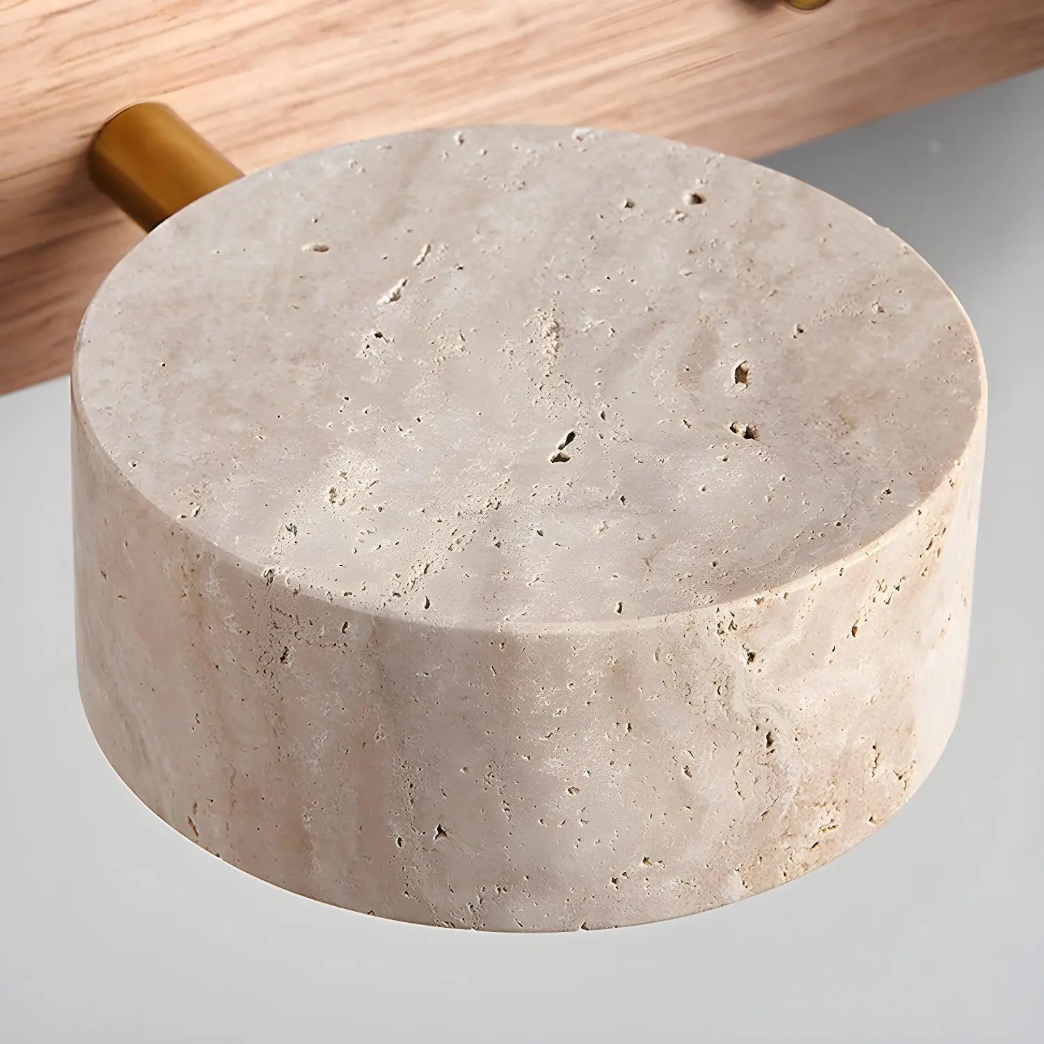 Travertine Stone Duo Wall Light — Rotatable Round LED Sconce for Bathroom Vanity, Dressing Table and Mirror Front, Sculptural Wood and Stone Wall Lamp Erbstuk