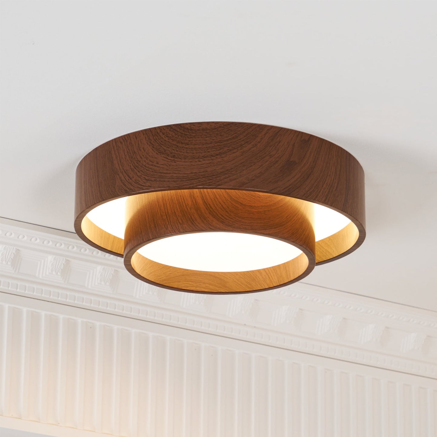 Walnut-Finish Round LED Flush Mount Ceiling Light