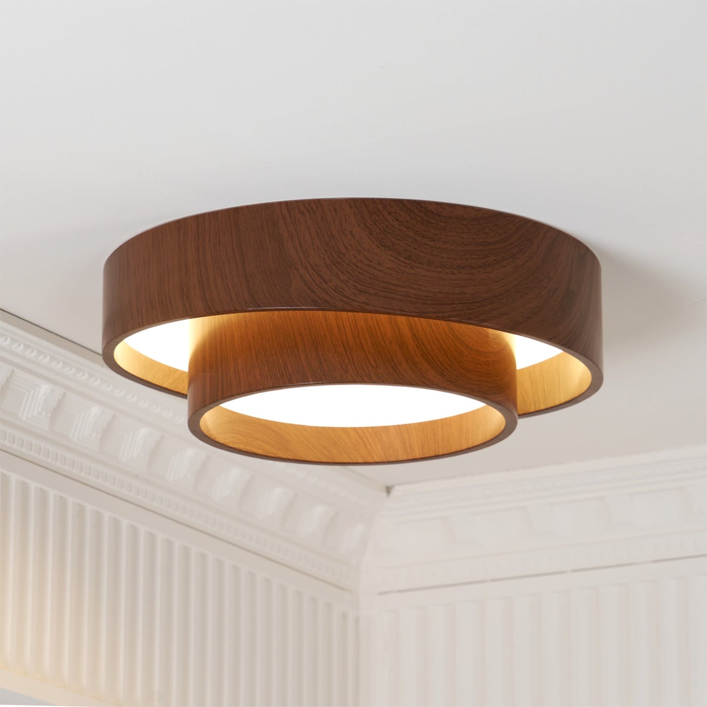 Walnut-Finish Round LED Flush Mount Ceiling Light