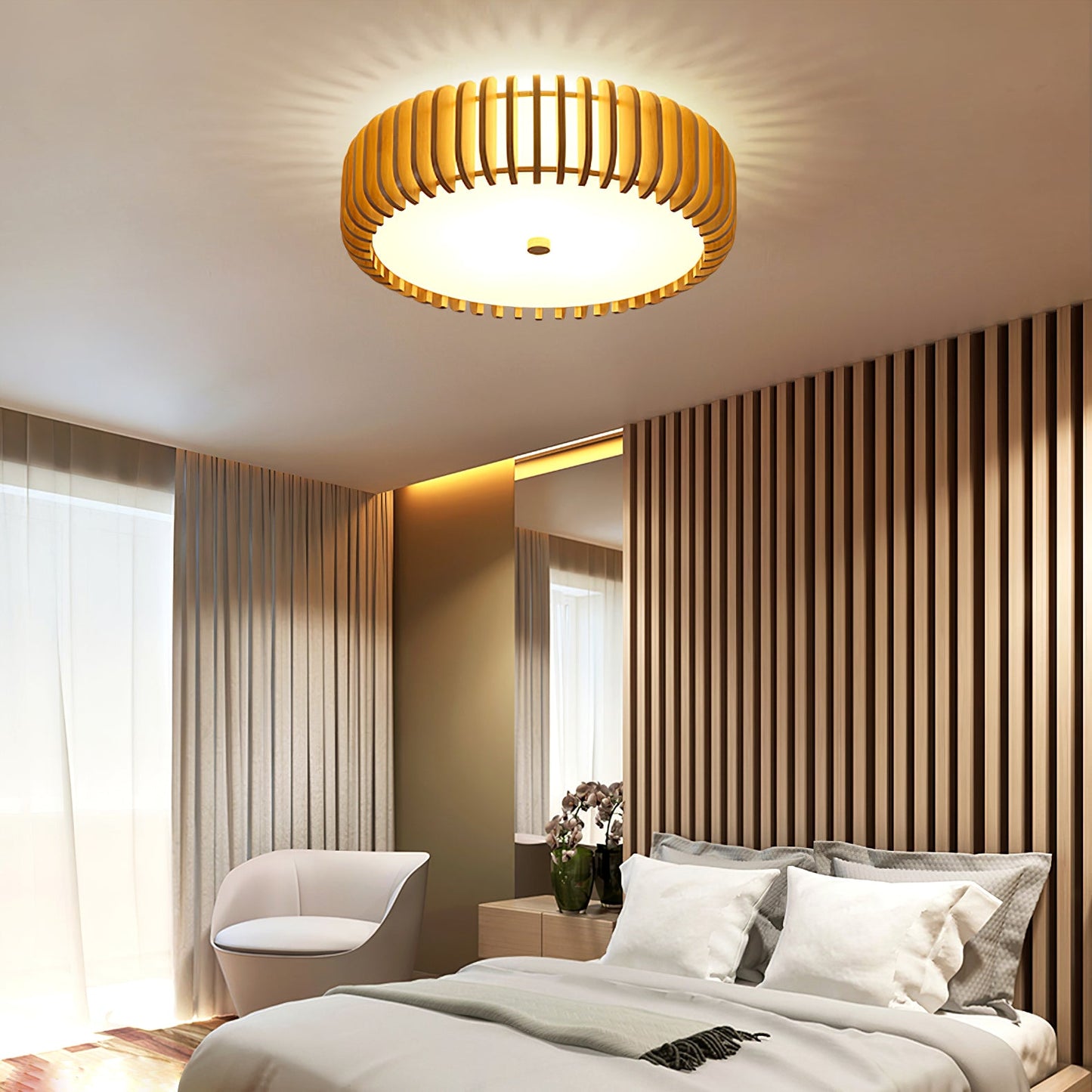 Wood Slat Drum Flush Mount Ceiling Light