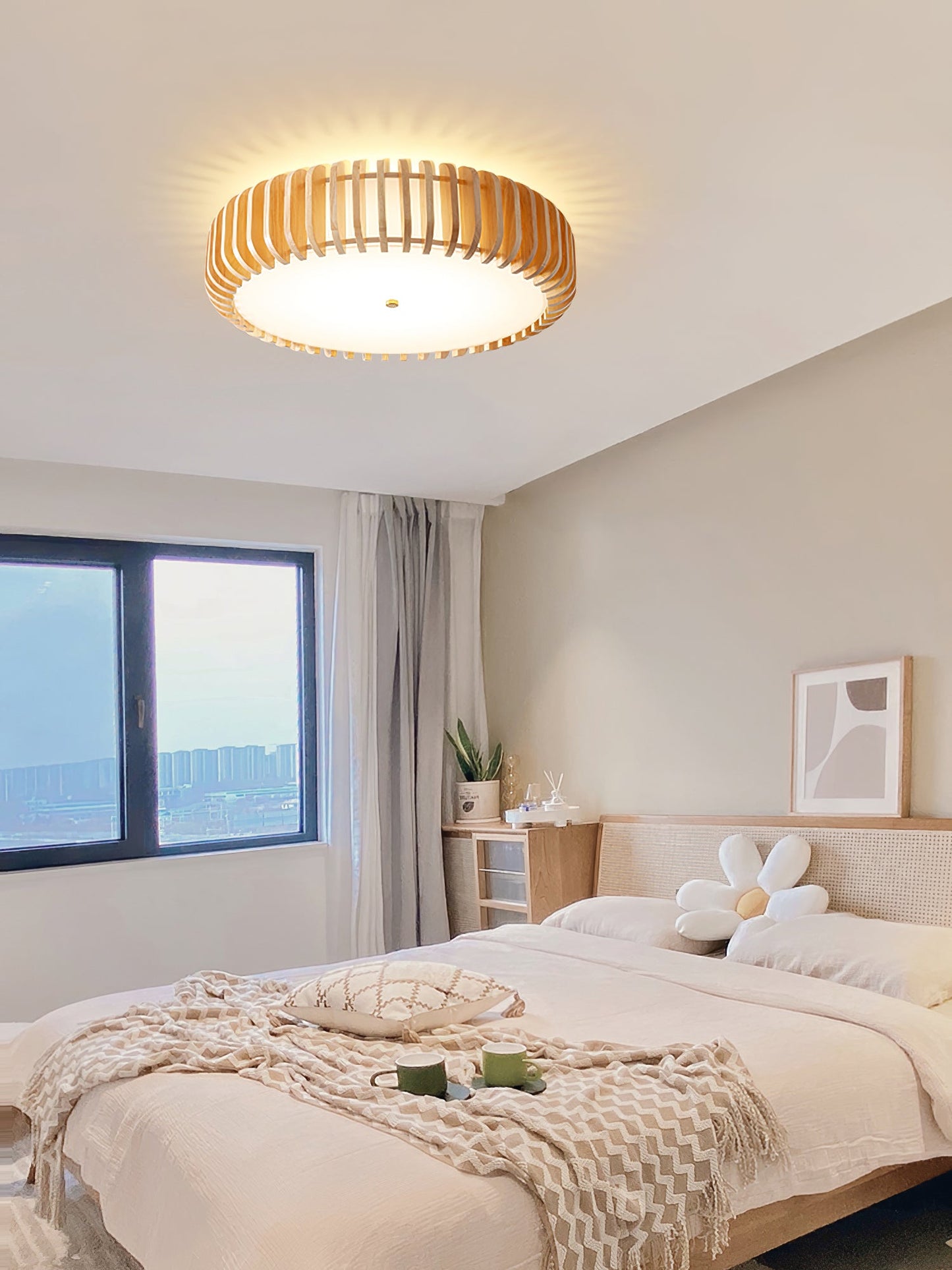 Wood Slat Drum Flush Mount Ceiling Light