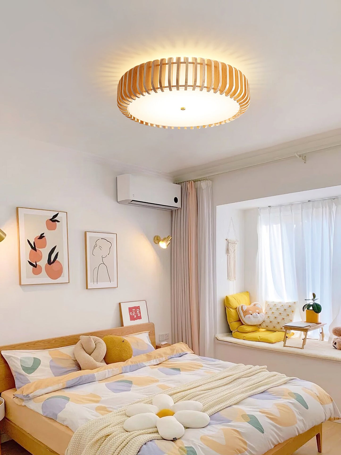 Wood Slat Drum Flush Mount Ceiling Light