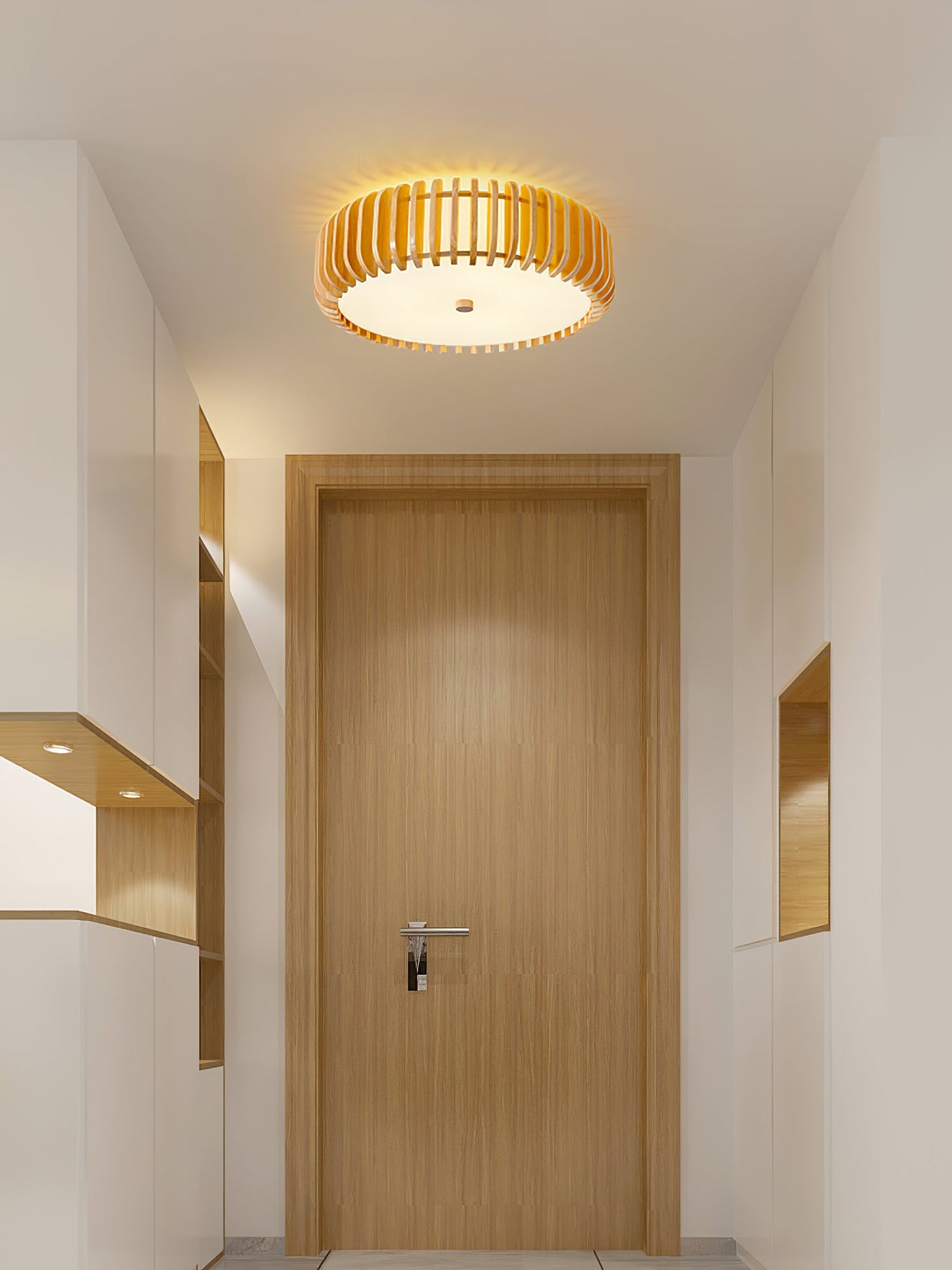 Wood Slat Drum Flush Mount Ceiling Light