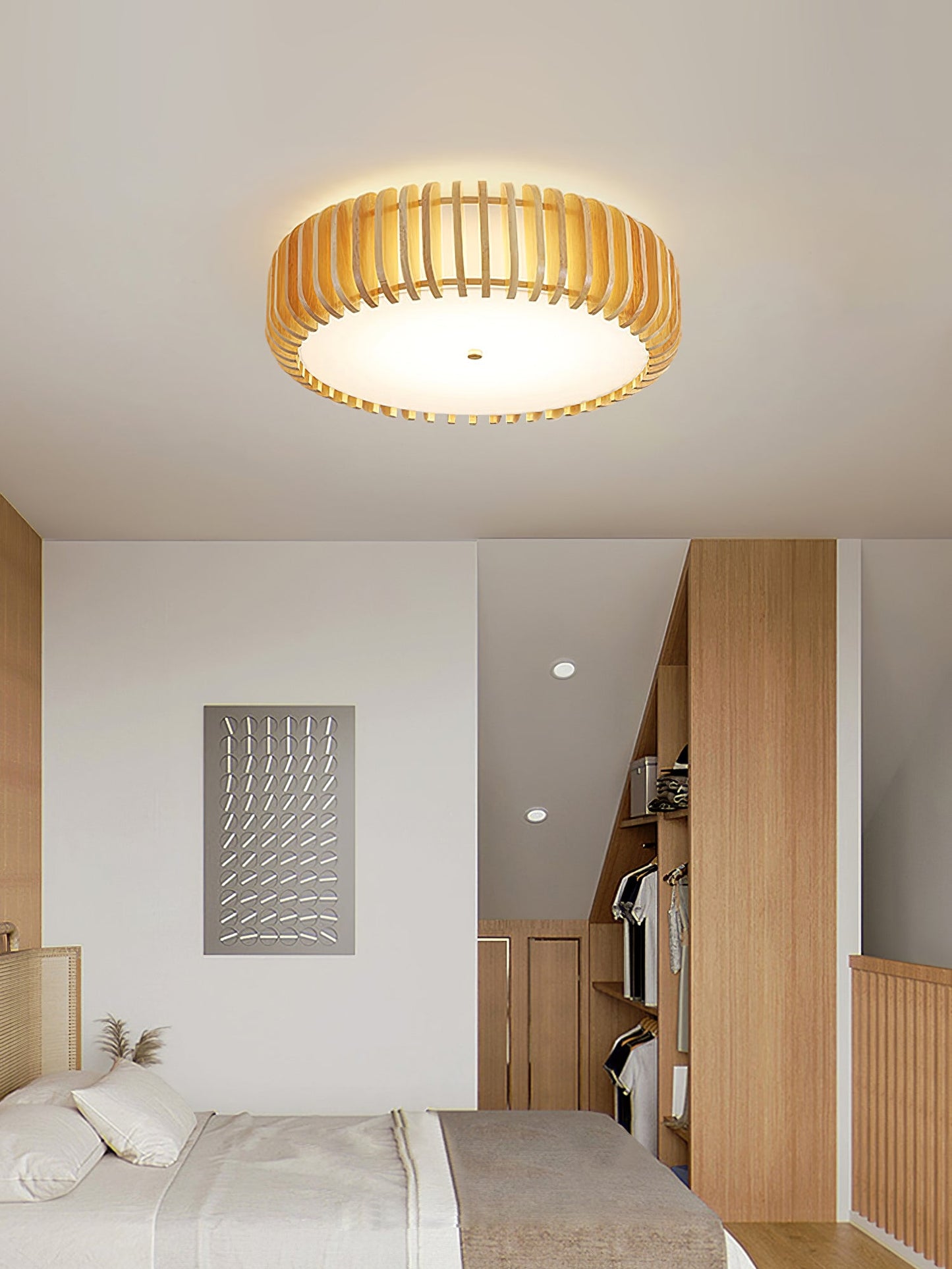 Wood Slat Drum Flush Mount Ceiling Light