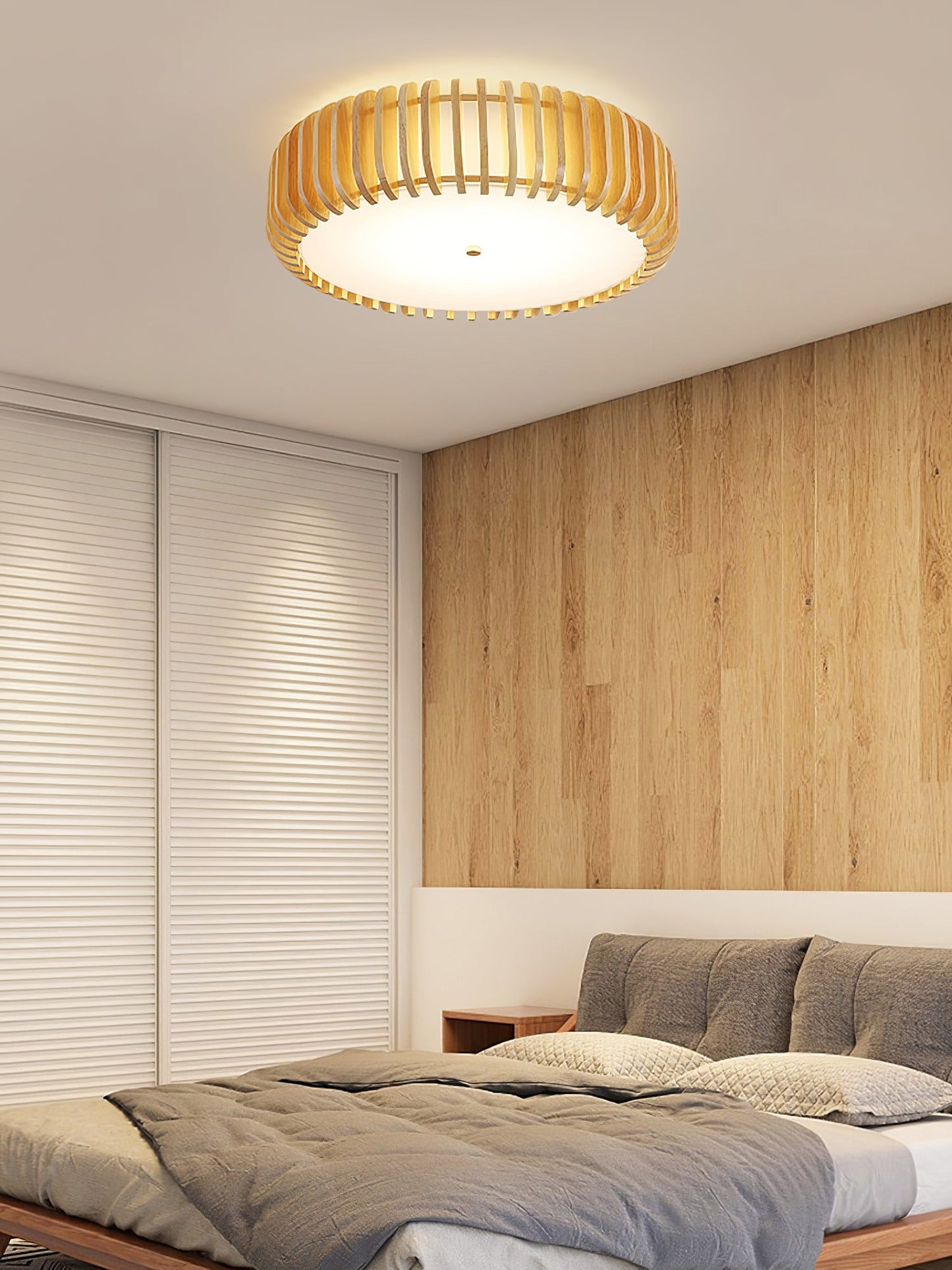 Wood Slat Drum Flush Mount Ceiling Light