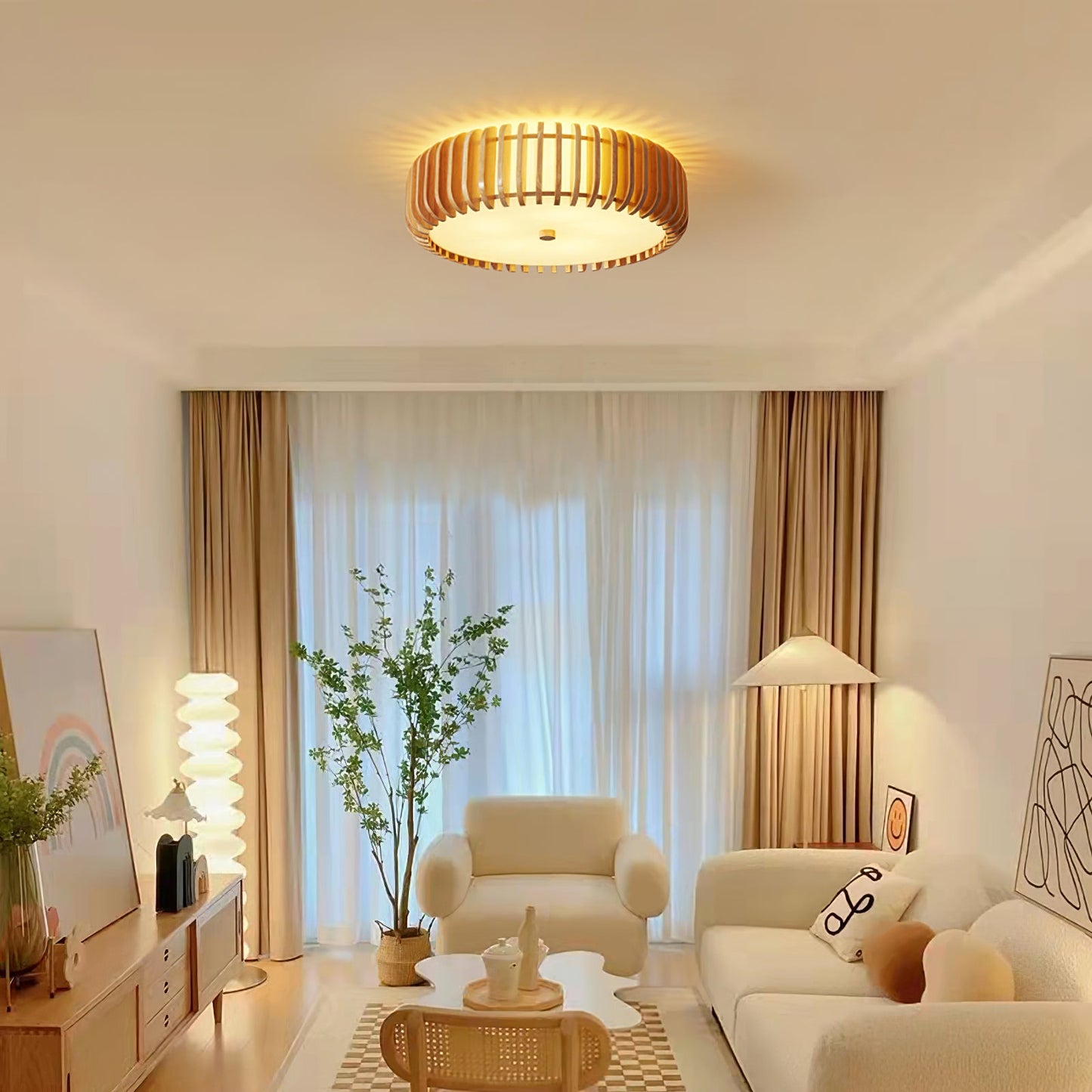 Wood Slat Drum Flush Mount Ceiling Light