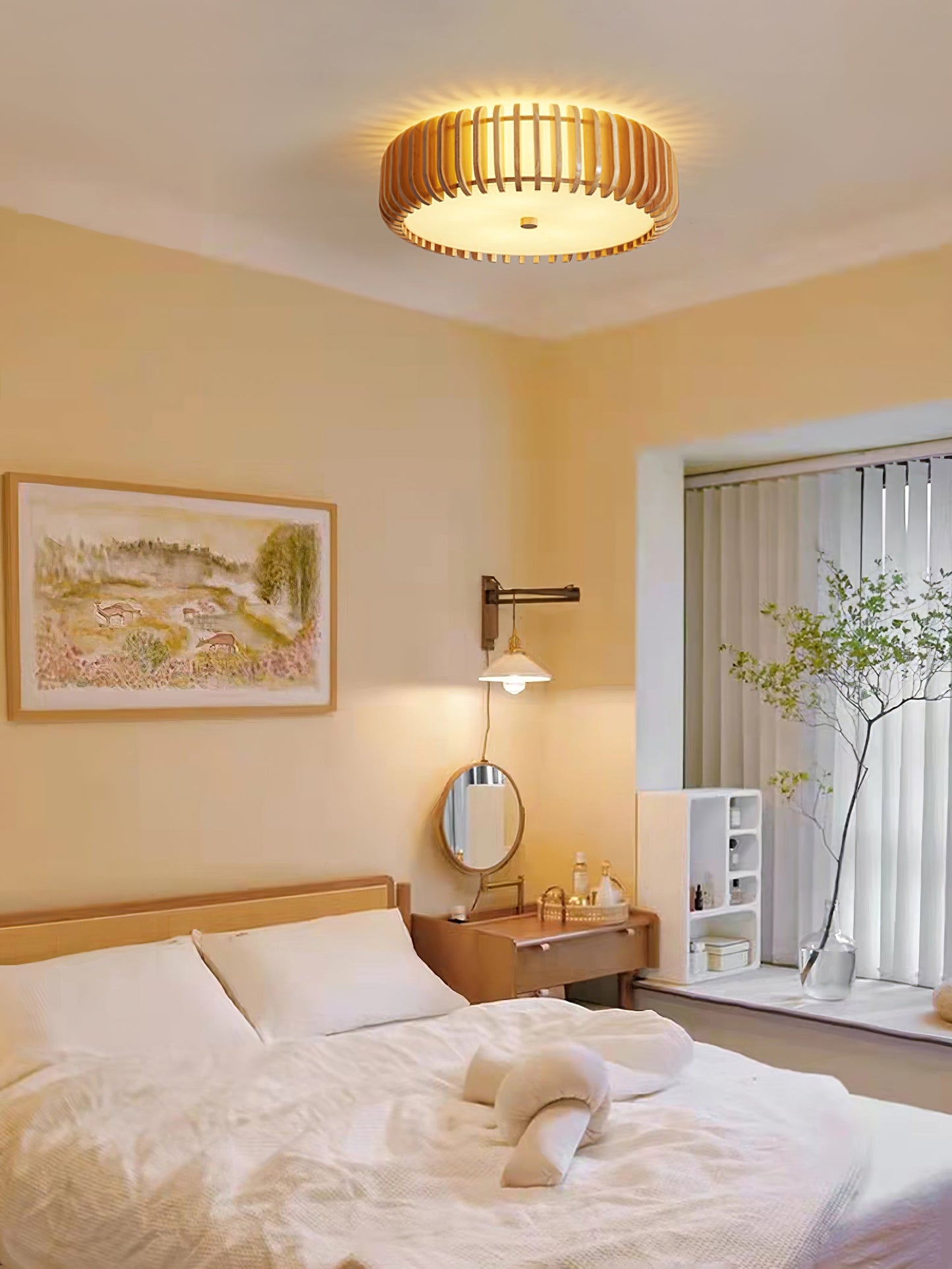 Wood Slat Drum Flush Mount Ceiling Light