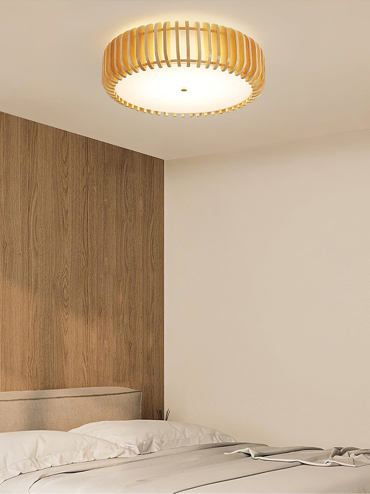 Wood Slat Drum Flush Mount Ceiling Light