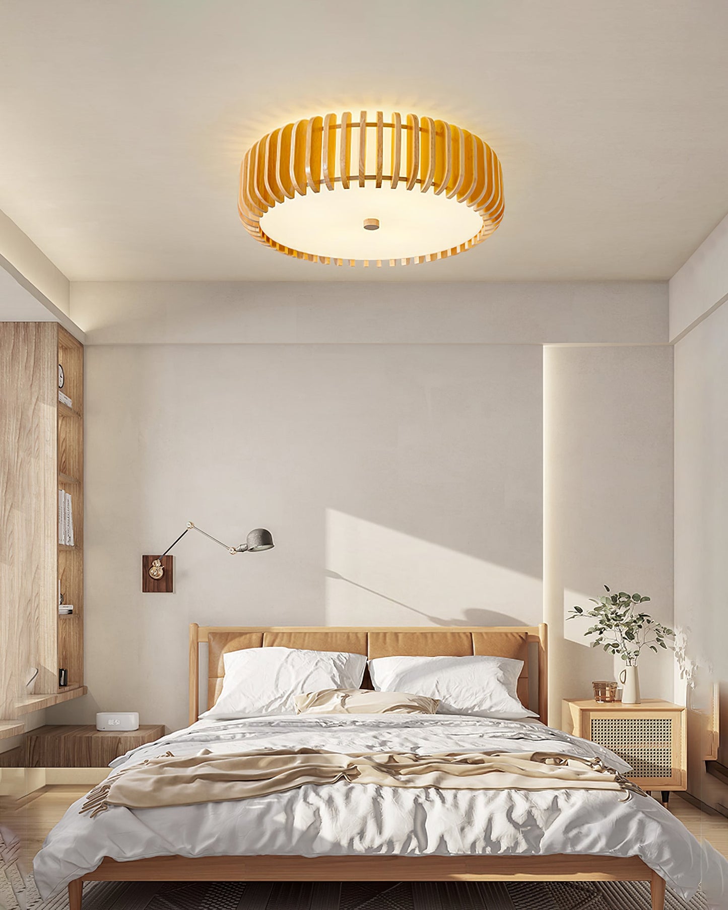 Wood Slat Drum Flush Mount Ceiling Light
