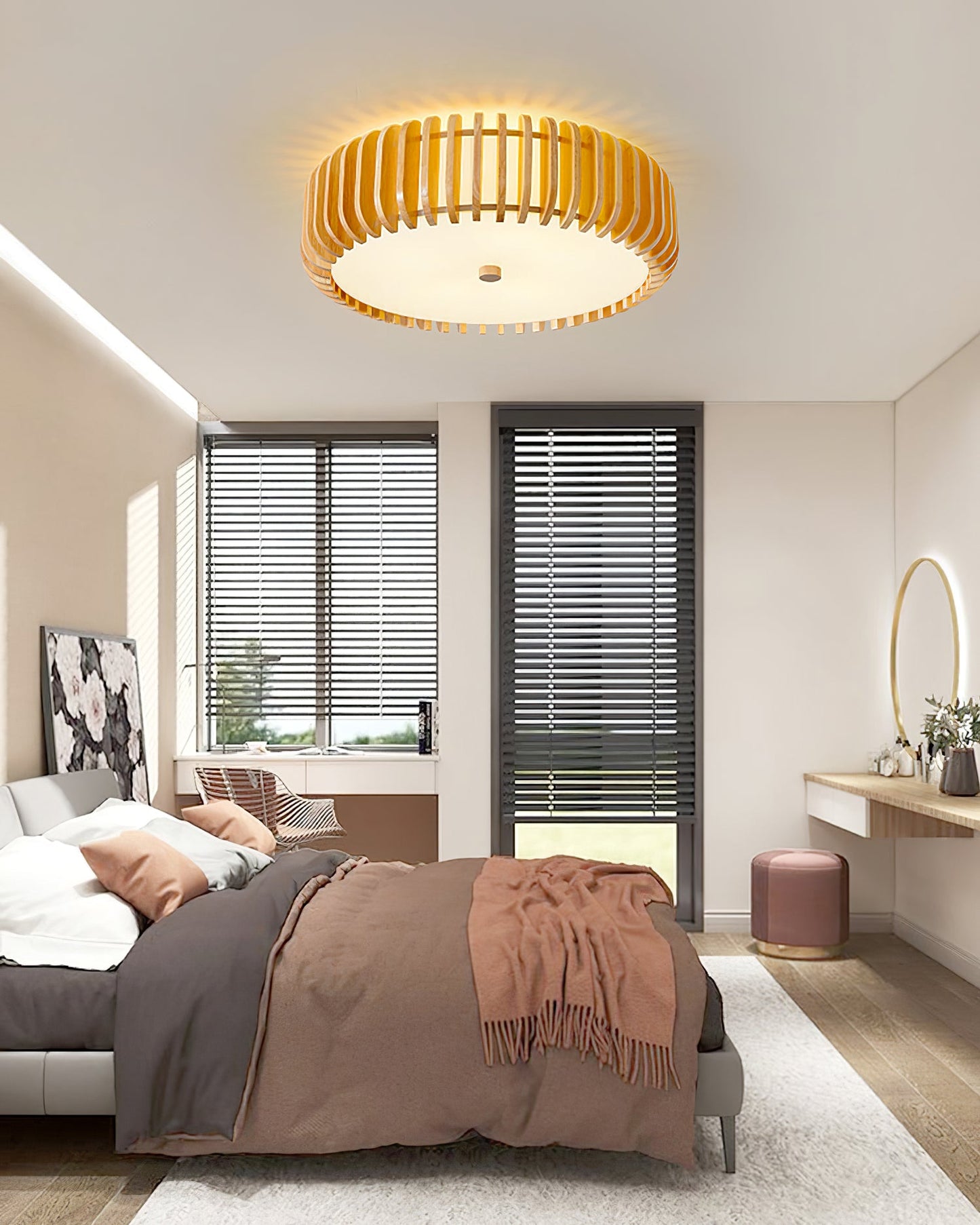 Wood Slat Drum Flush Mount Ceiling Light
