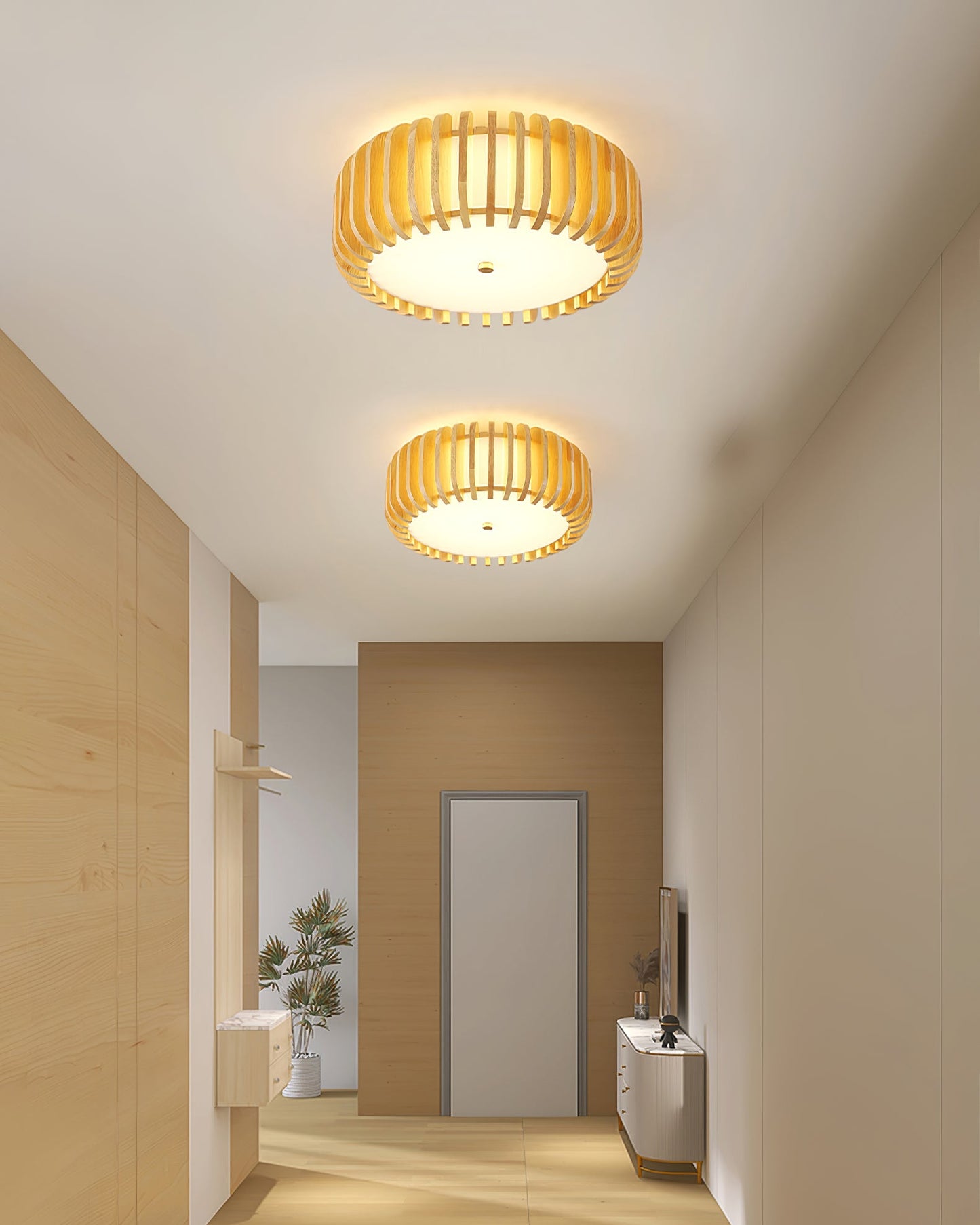 Wood Slat Drum Flush Mount Ceiling Light