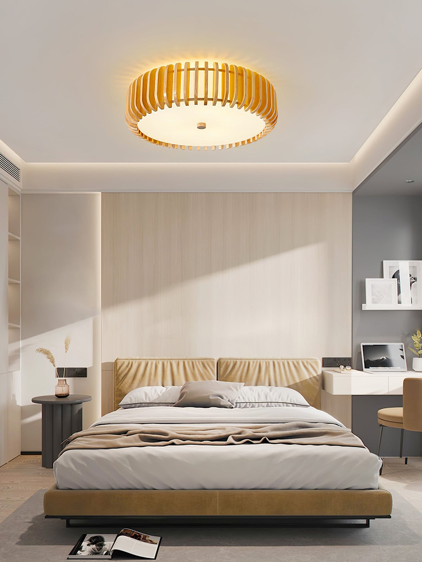 Wood Slat Drum Flush Mount Ceiling Light