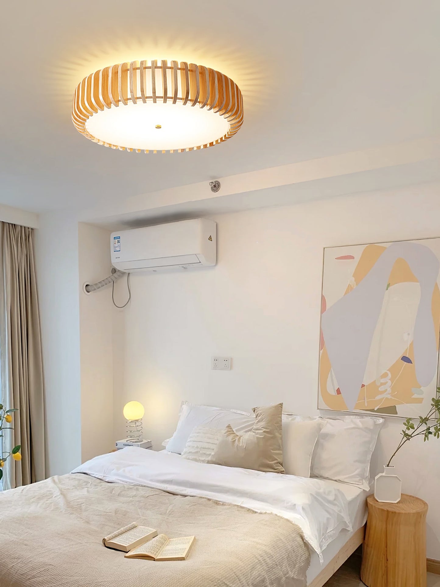 Wood Slat Drum Flush Mount Ceiling Light