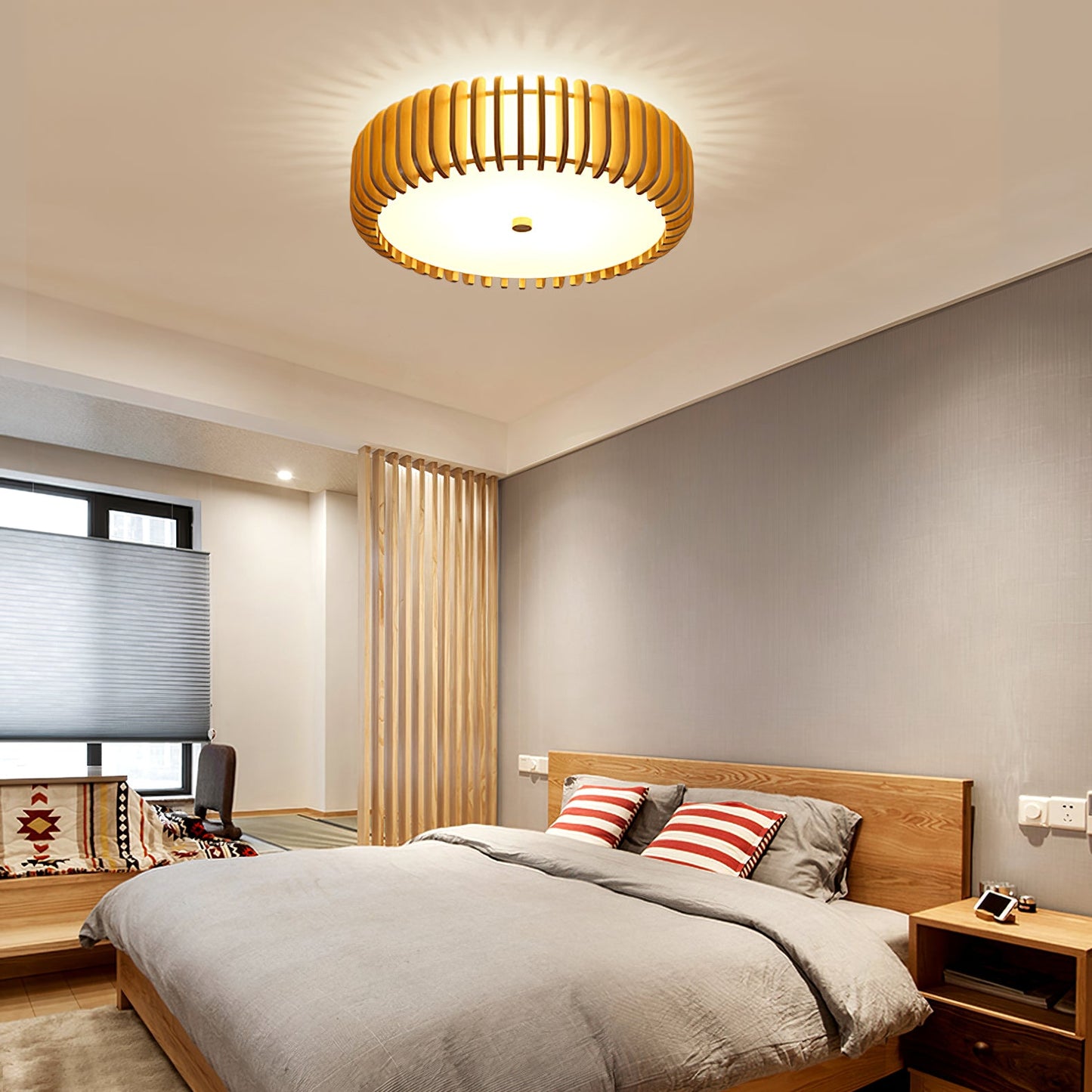 Wood Slat Drum Flush Mount Ceiling Light